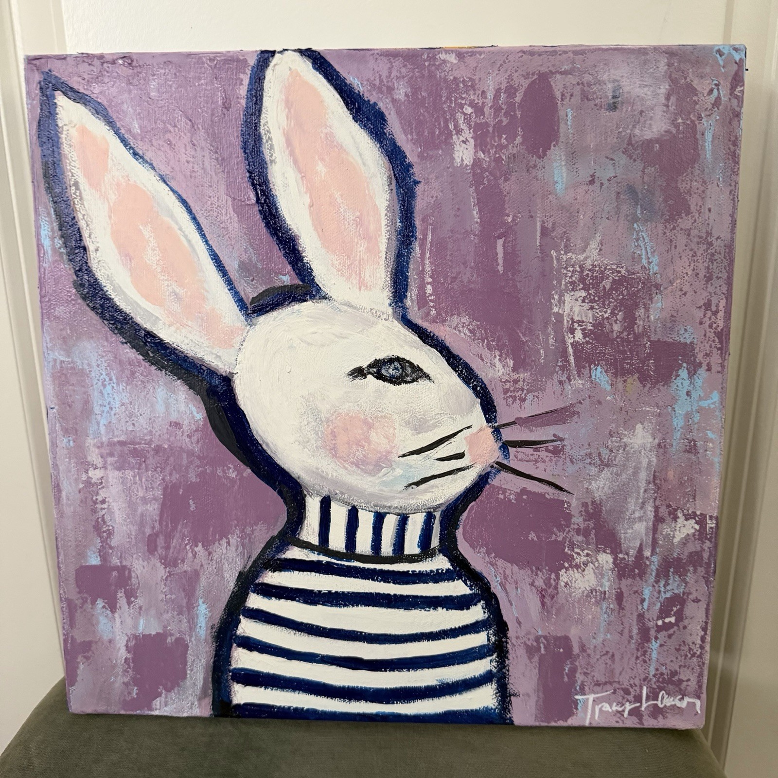 Thoughtful Bunny Whimsical Rabbit Painting Original Acrylic Art Kids Room 12×12