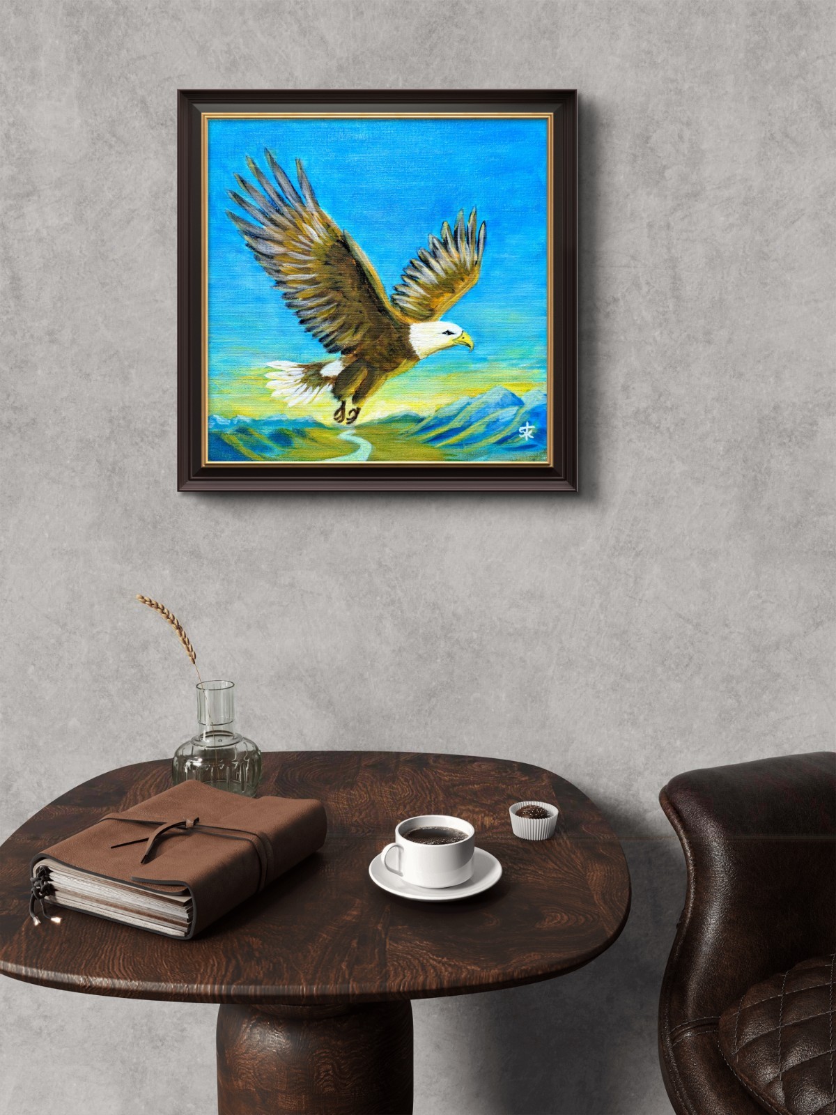 Original Impressionist American Eagle Painting 12×12 Acrylic Canvas Blue