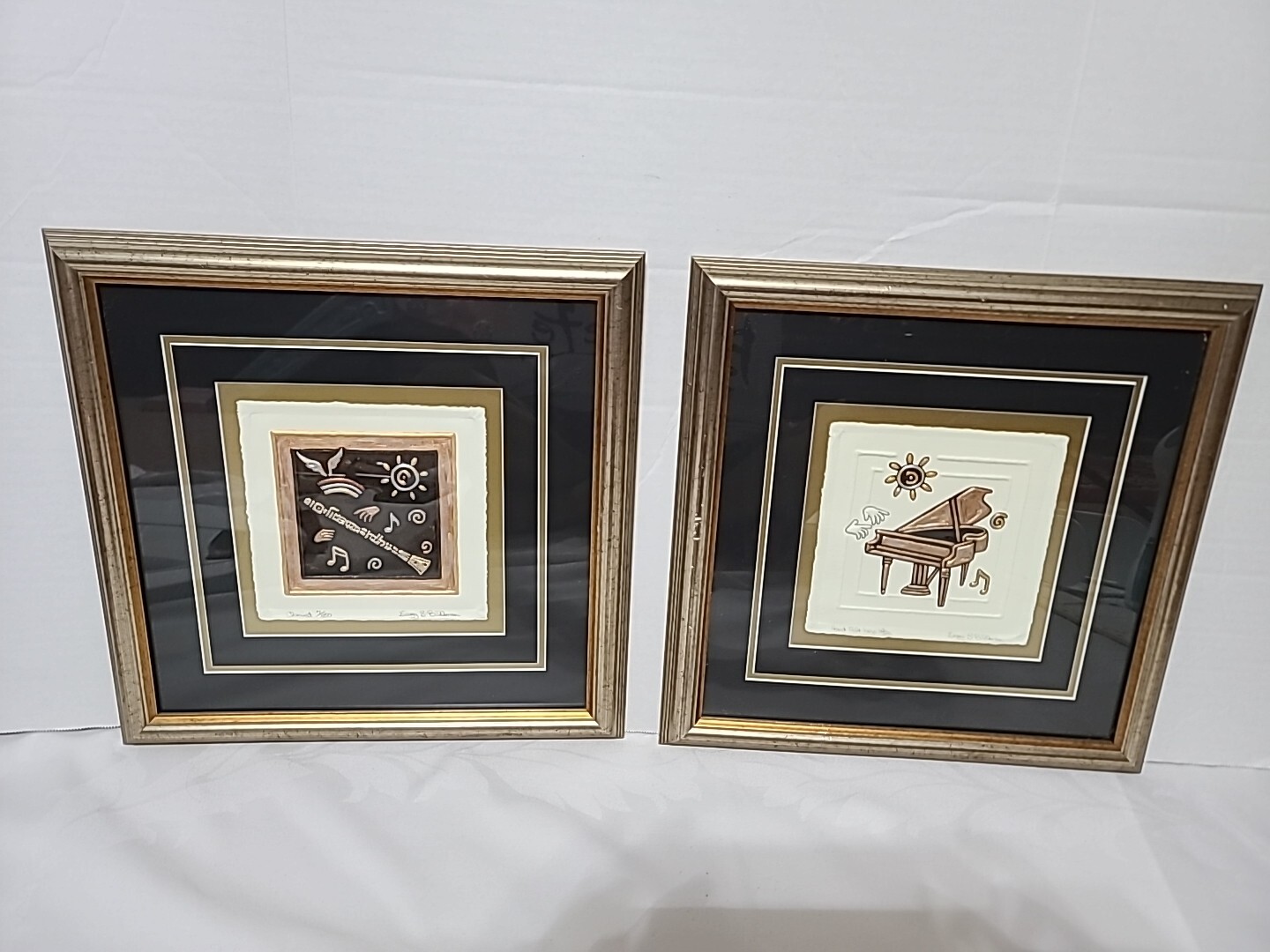 2 Gregg Billman Framed Embossed Painting Clarinet & Heart Felt Keys Piano SIGNED