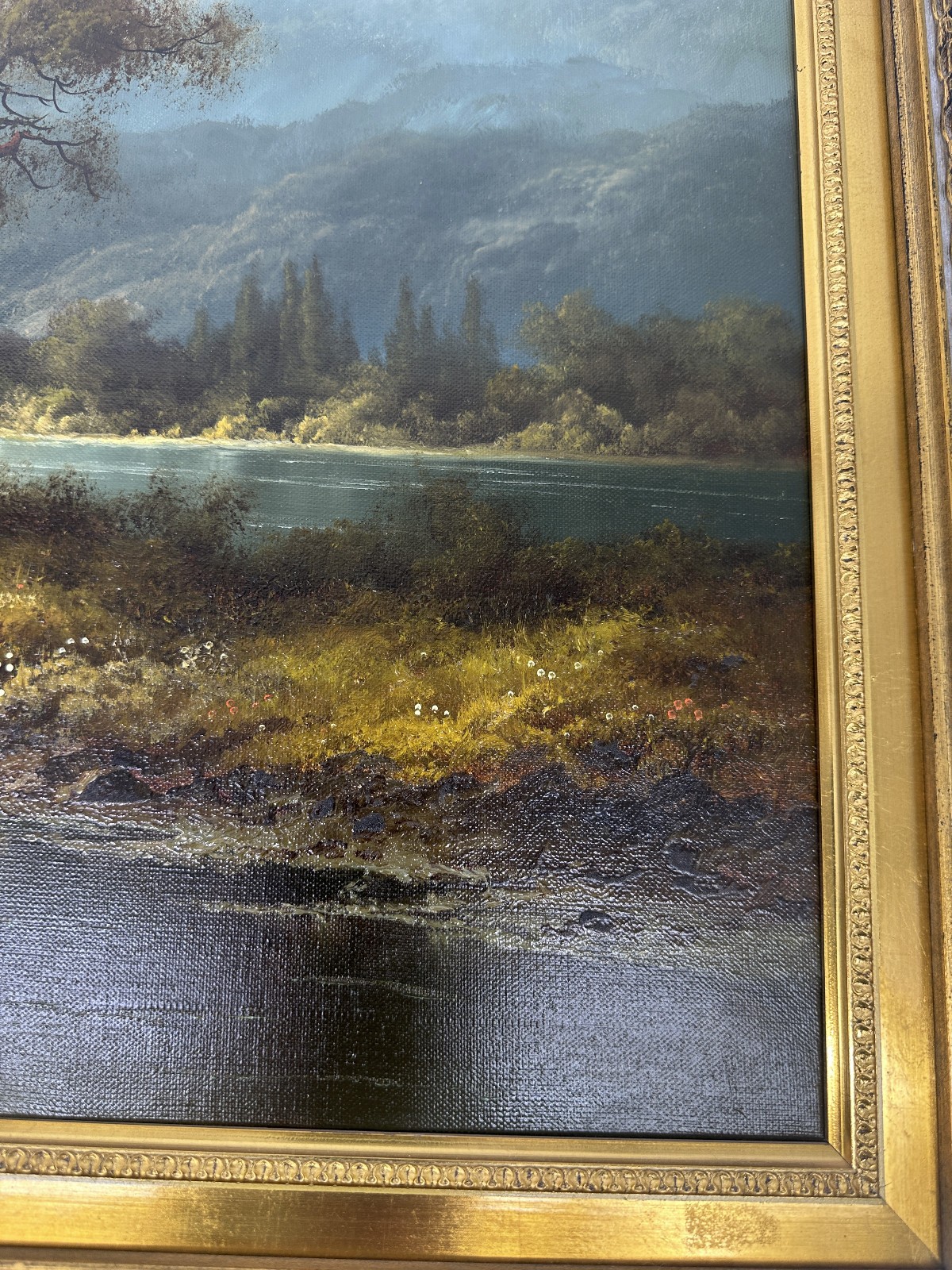 Ludwig Muninger Alpine Landscape Scene Oil Painting Framed 33″ x 41″