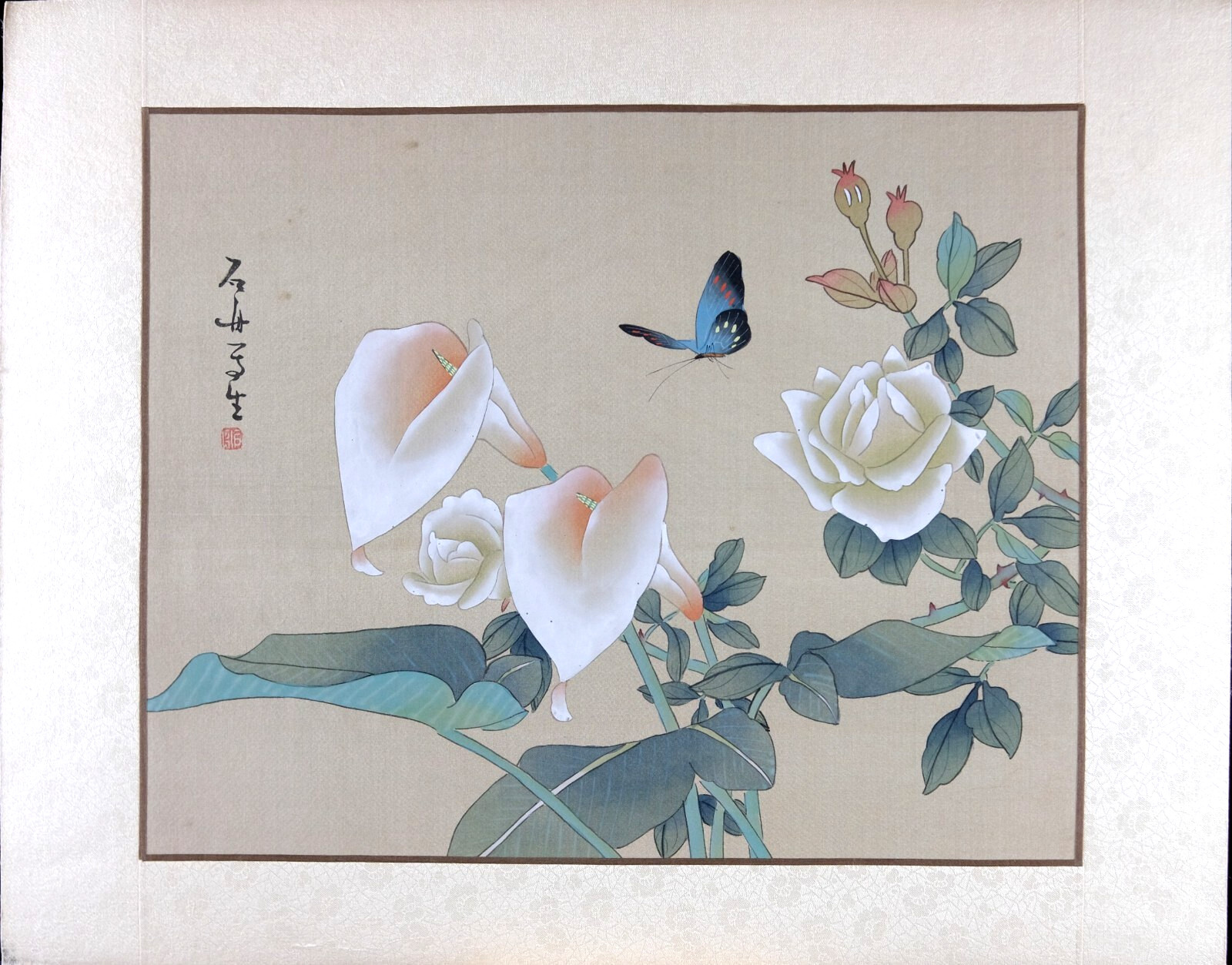 Vintage Oriental Art, Watercolor on Silk, Blue Butterfly, Signed Asian Art