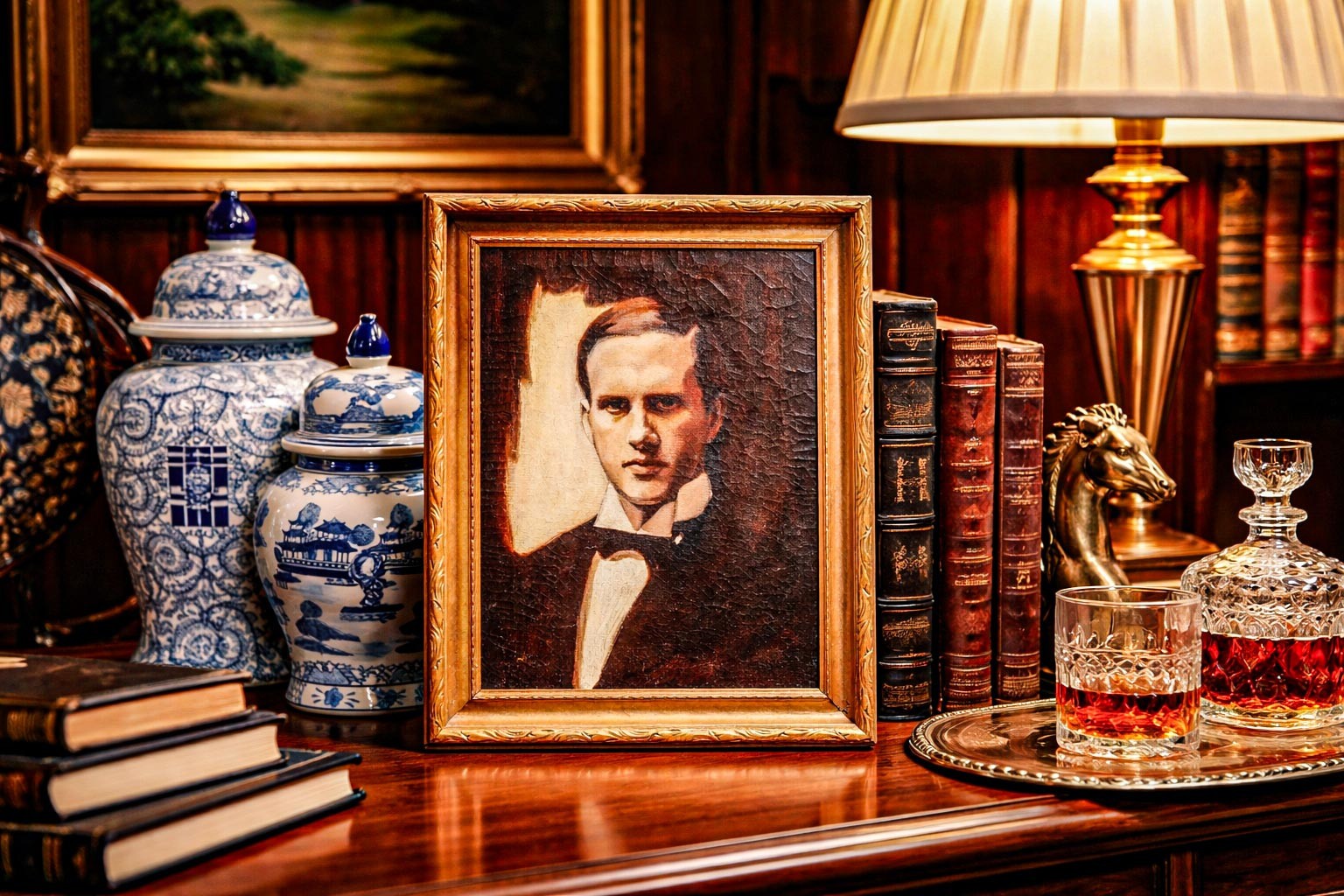 Formal Portrait Antique Framed Oil Painting Man in Tuxedo Fashion