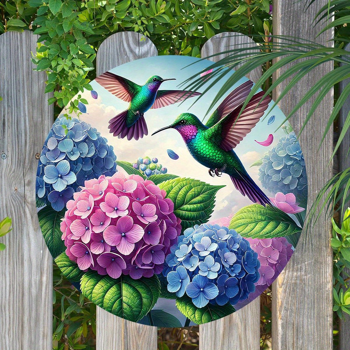 7.8″ Hummingbird Hydrangea Round Sign – Engraved Garden/Cafe Decor