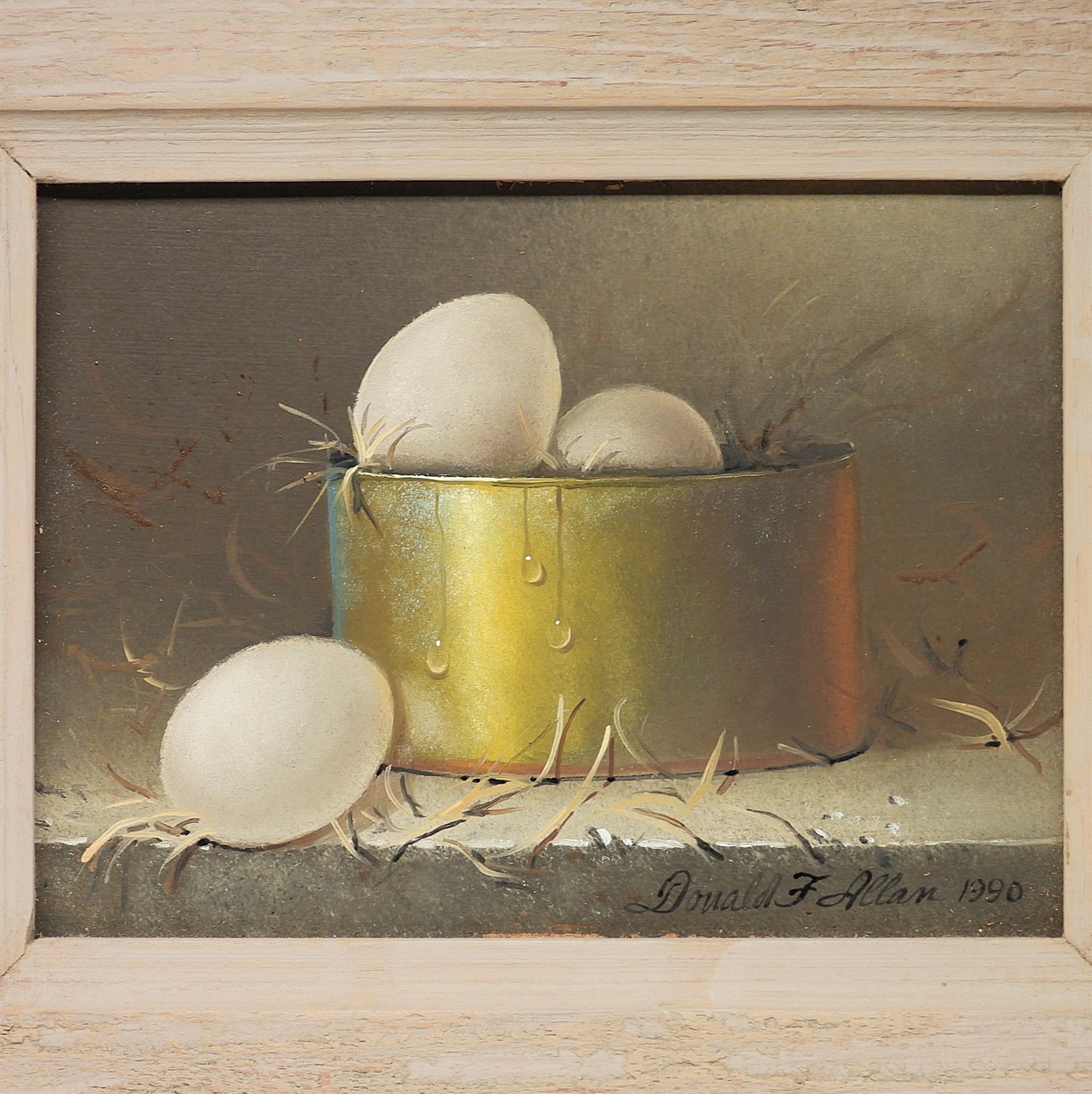 Donald F. Allan Utah/ NY Artist Eggs in Brass Pan Still Life Oil Painting