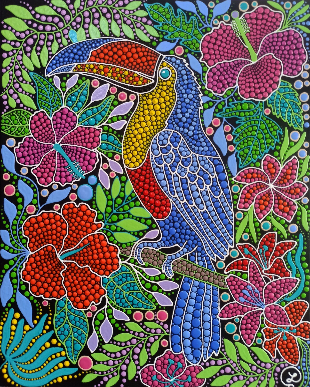 Toucan in the Jungle Original Painting Exotic Birds Art Tropical Flowers Artwork