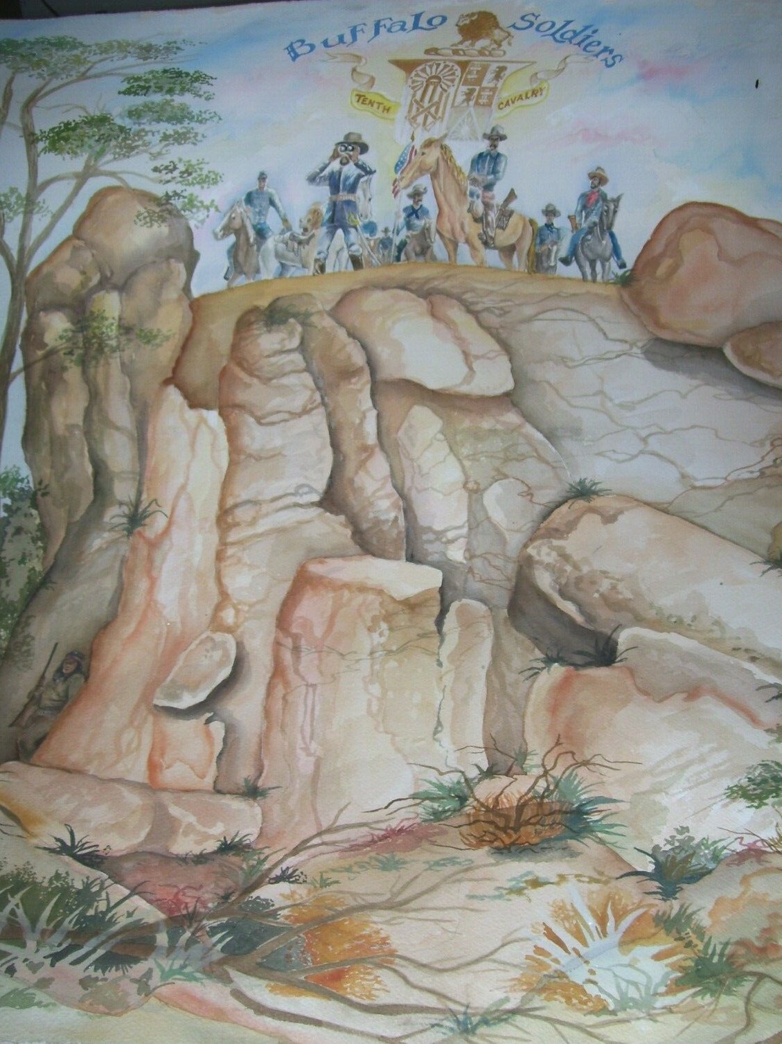 Water Color Painting Buffalo Soldiers Tenth Cavalry by Ernest Bey 6/9/96