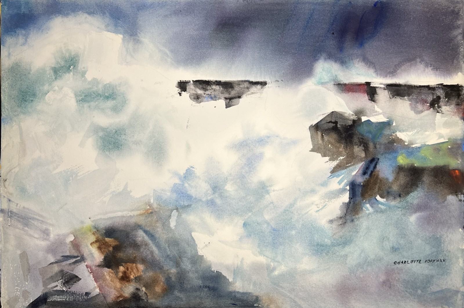 Charlotte Hoffman–Costal Waterscape with Waves–Medium Size Mid 20th C Watercolor