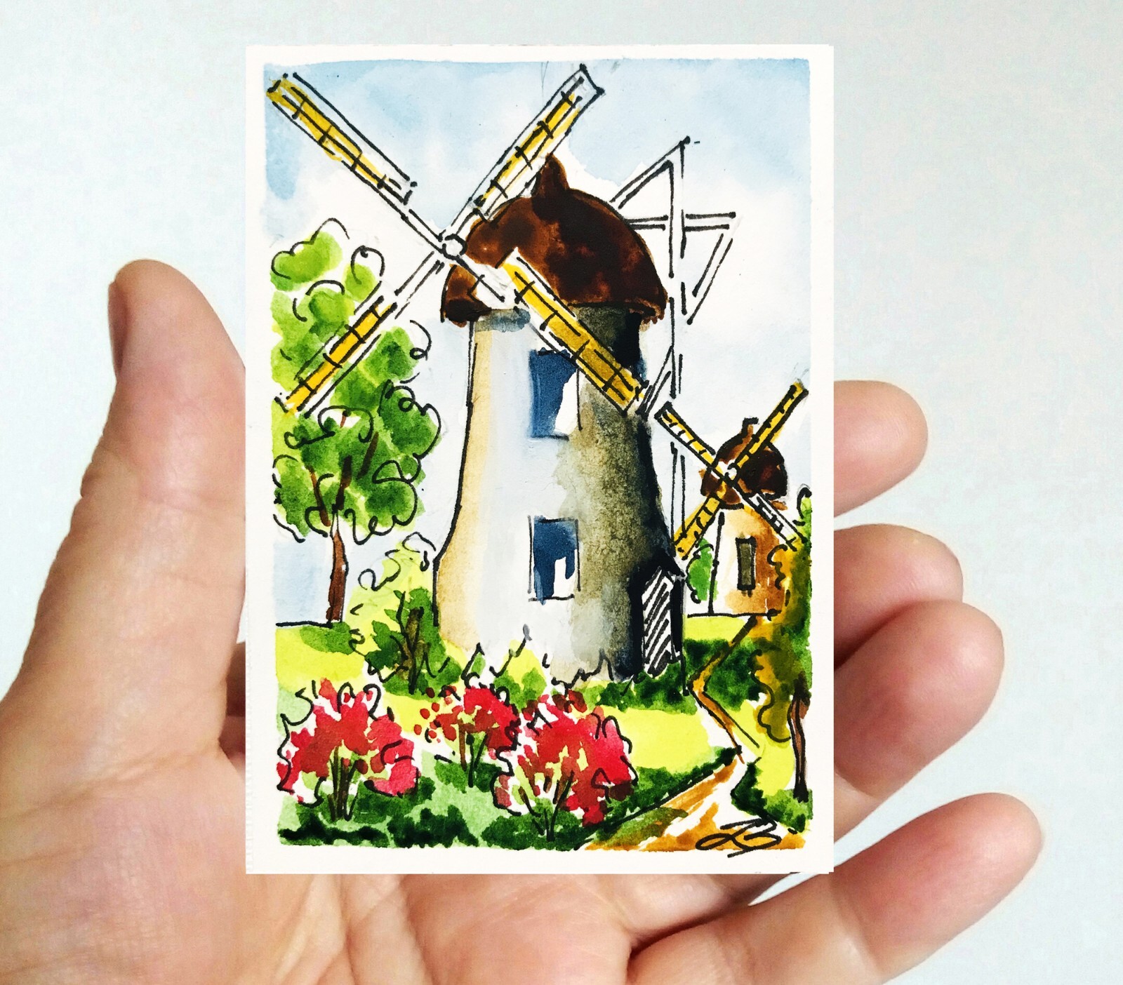 ACEO Original Art Windmill Hollands Watercolor Small Painting Mini Art Gift