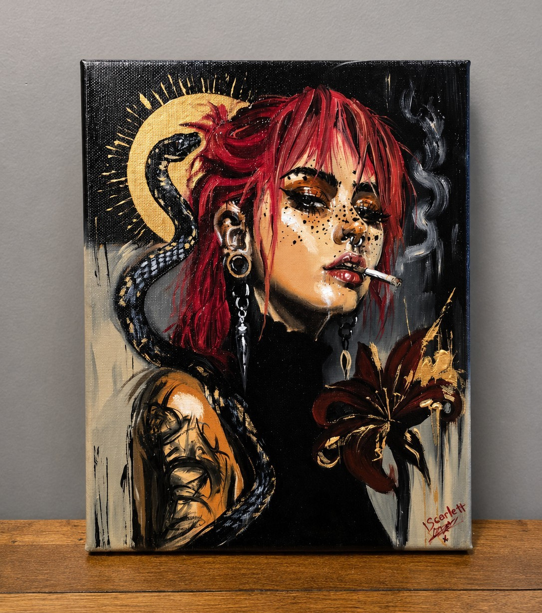 Scarlett Signed Modern Woman w/ Snake & Lily Flower Canvas Painting, Unframed