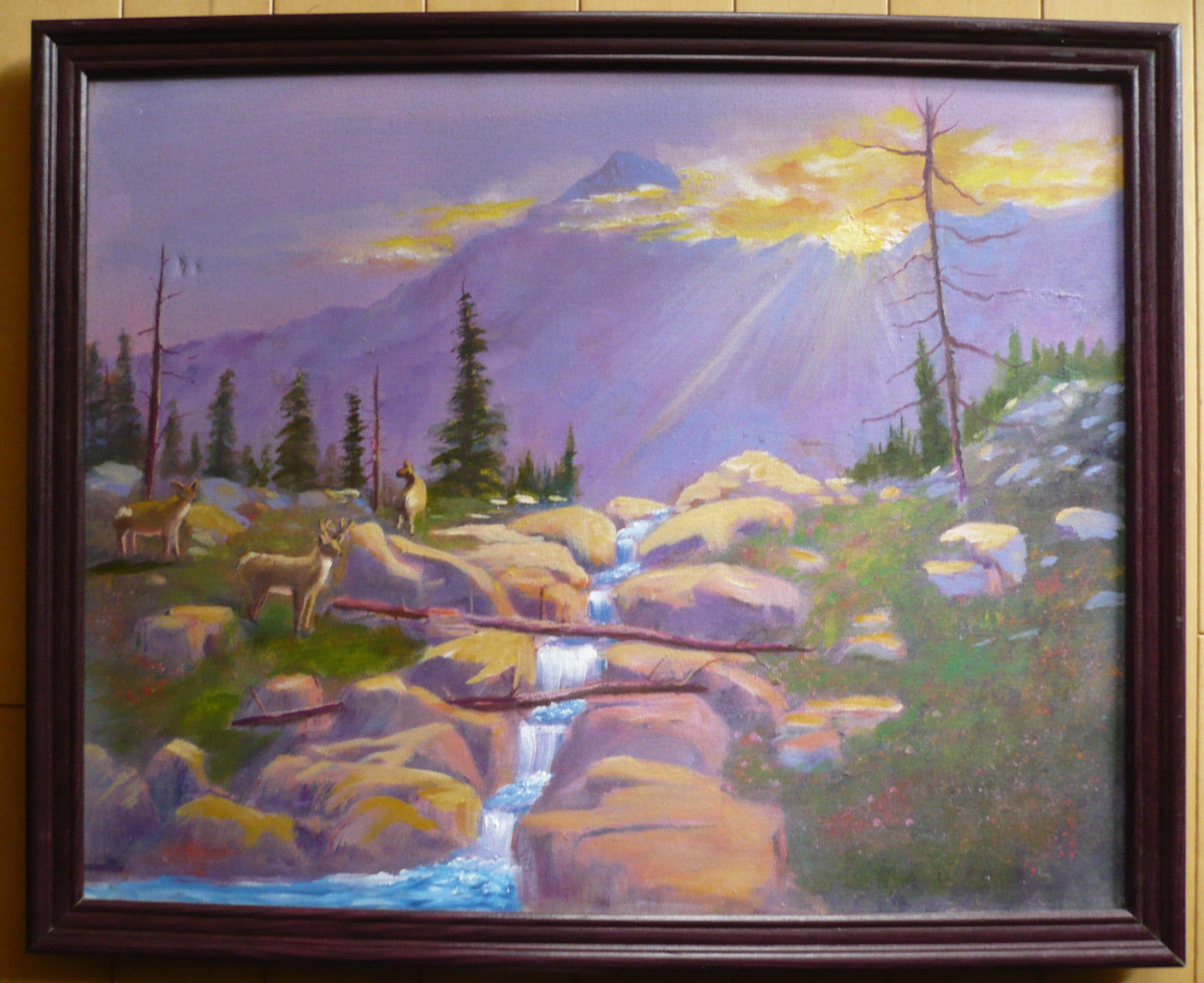 W.E. KNIGHT, Vintage OIL LUMINOUS WESTERN LANDSCAPE w/ DEER and RIVER MOUNTAIN