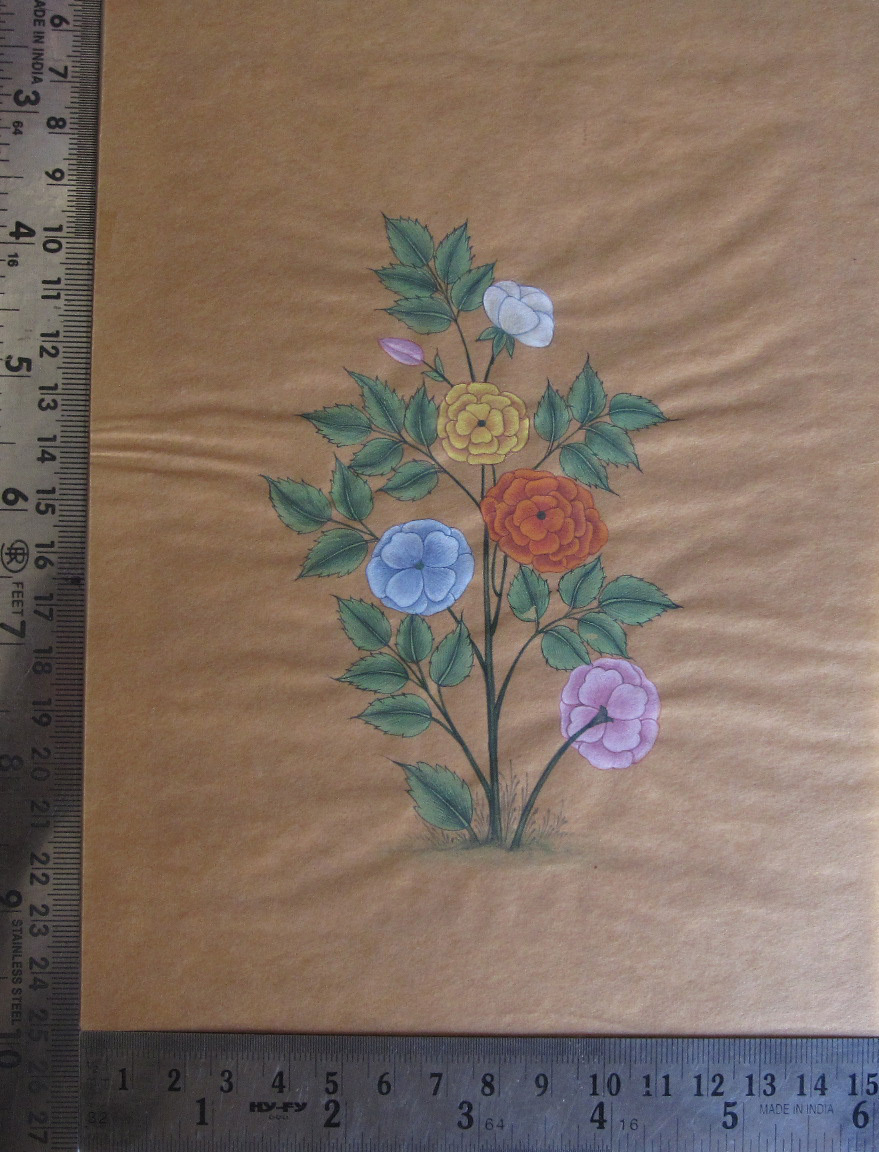 Miniature paper painting of mughal style flowers on thin paper, an antique look