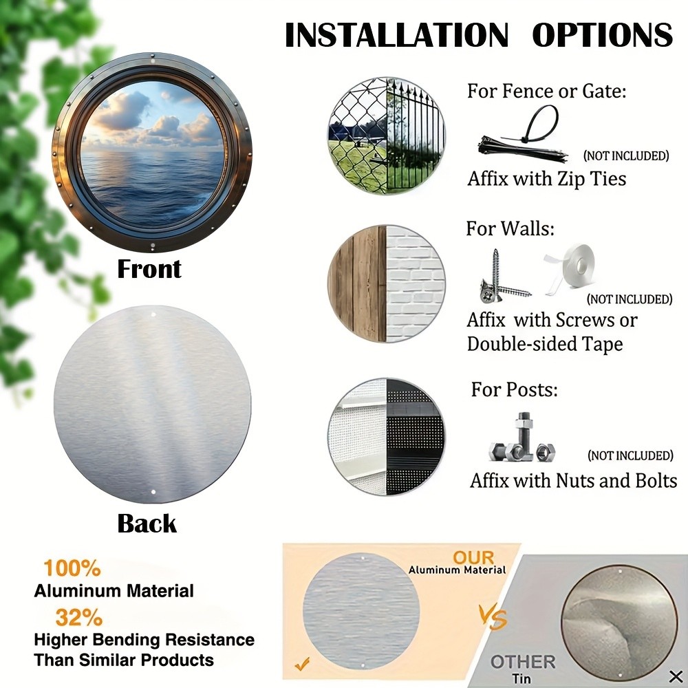 2D Flat Print 1x Vintage Seascape Window Theme Round Aluminum Wall Decor Plaque↗