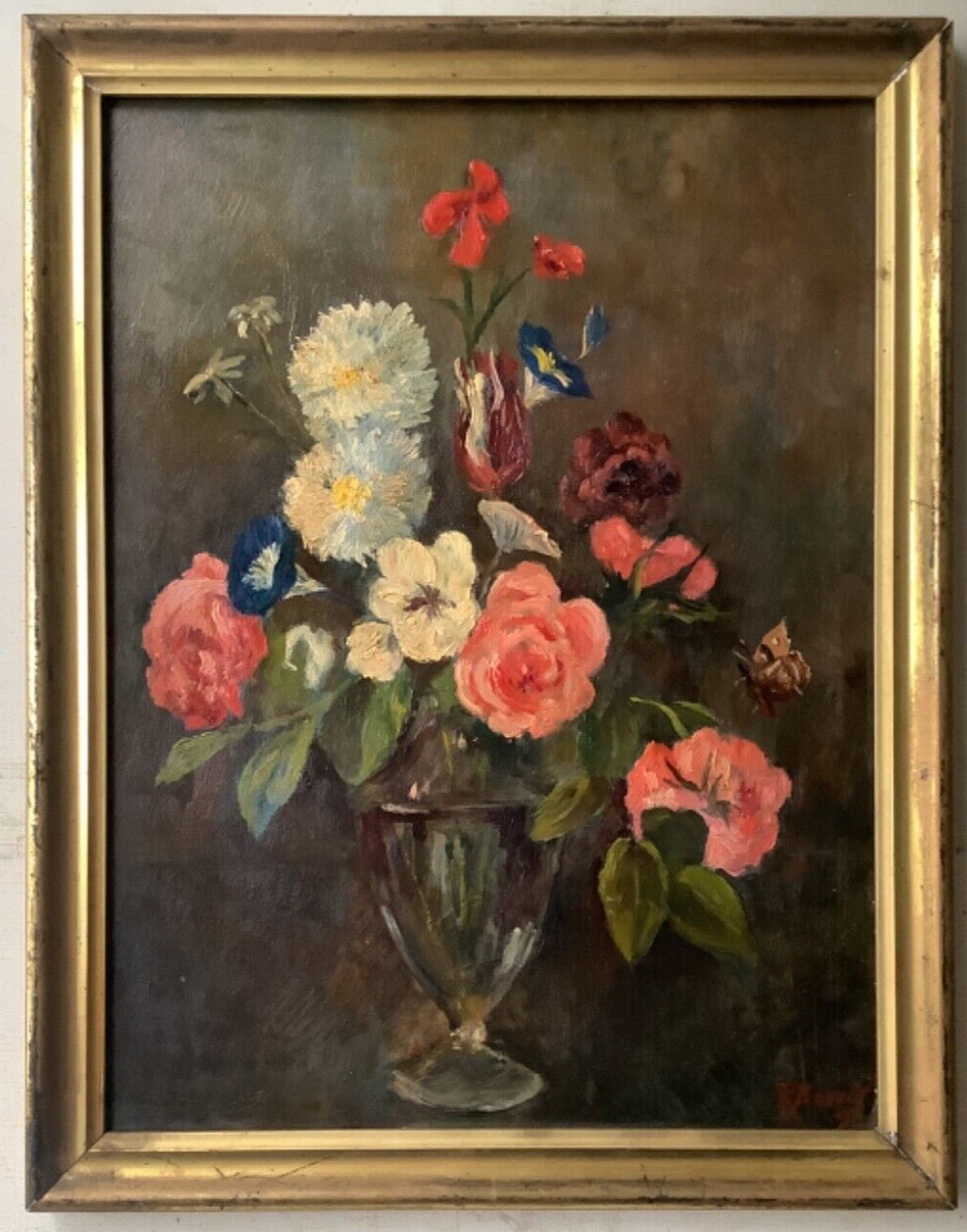 EARLY 20th – FRENCH IMPRESSIONISM OIL ON PANEL – BOUQUET OF ROSES WITH BUTTERFLY