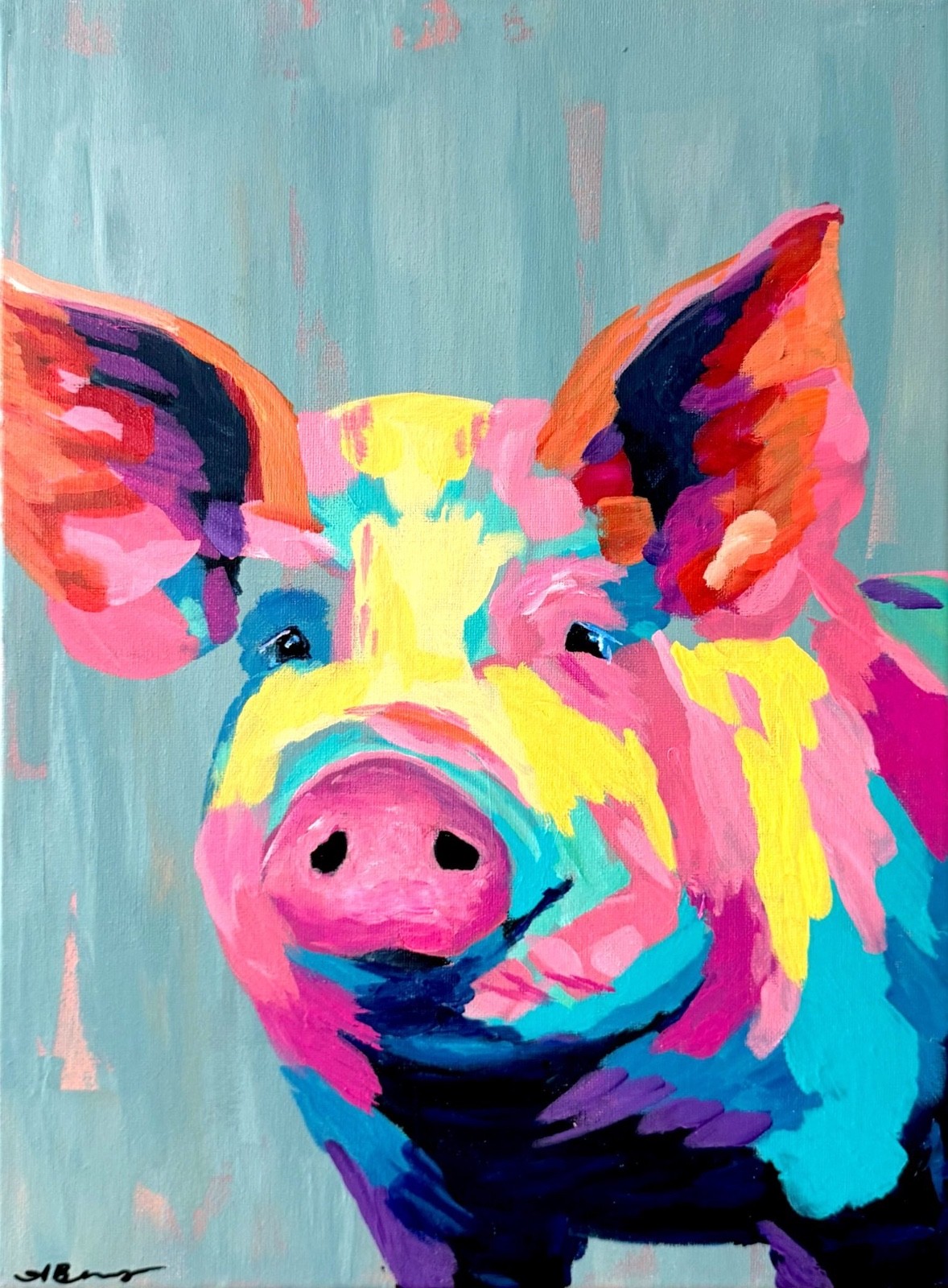 Abstract Expressionist Original Pig Painting Living Room Wall Art 12×16