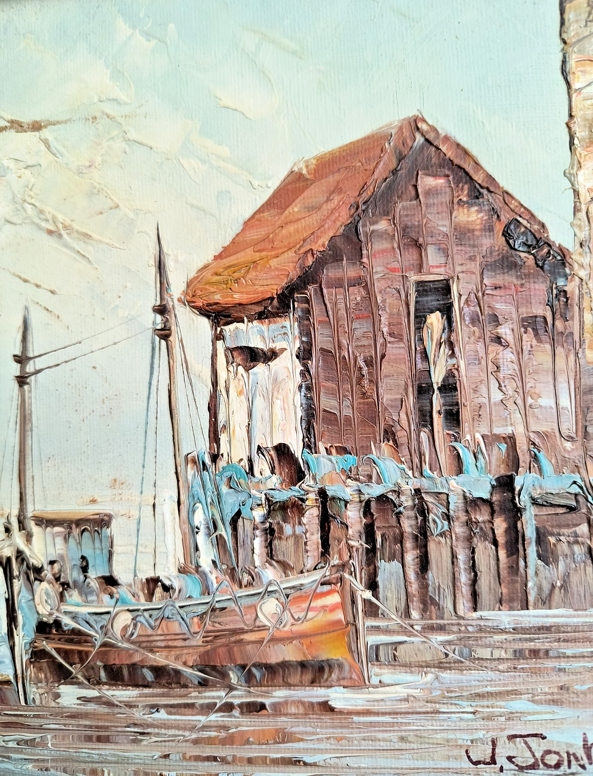 Vintage W. Jones Harbor Scene Fishing Boats Framed Oil Painting 15” X 13”
