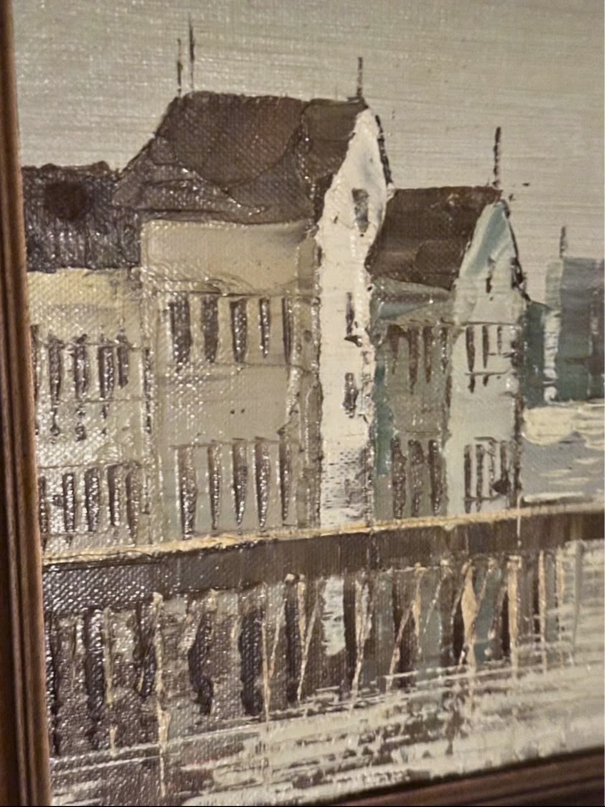 Mid-Century Impasto Palette Knife Harbor Cityscape Painting – Signed REVAN