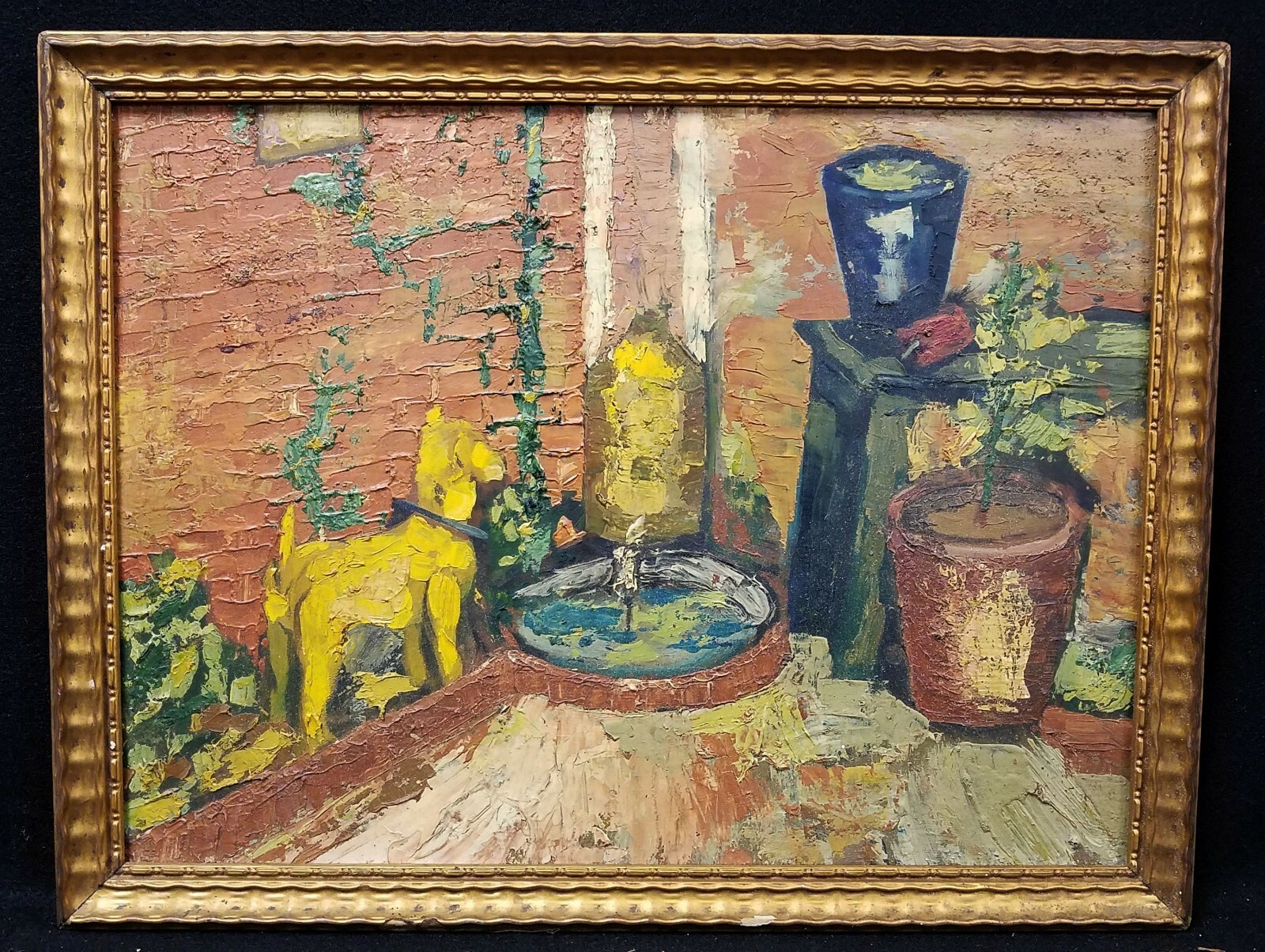 Vintage Original Expressionist Oil Painting on Masonite of Dog in City Garden