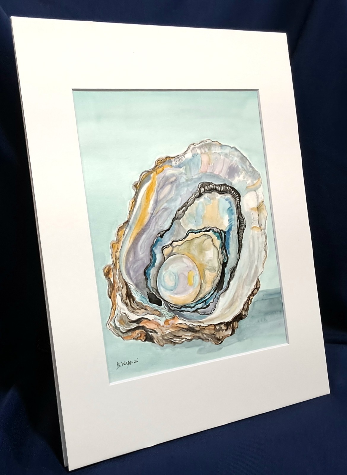 Oyster shell With Pearl Original watercolor 10″ x 8″ in acid free beveled mat