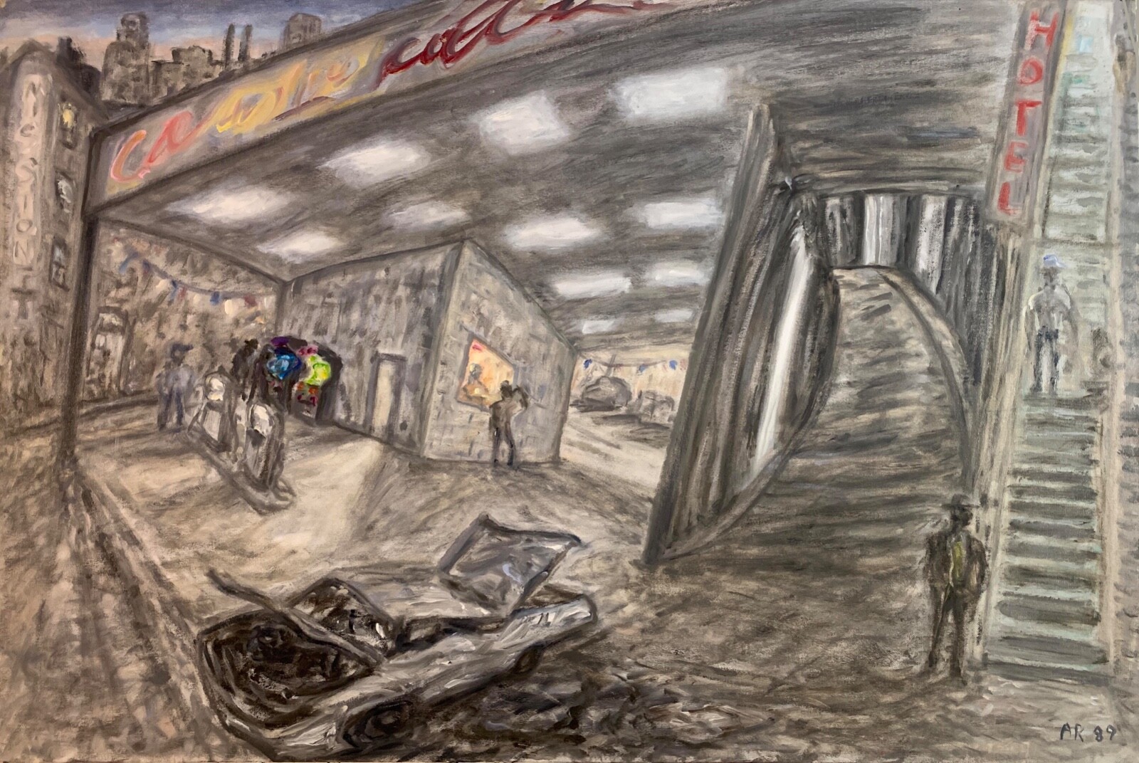 BOWERY PARKING GARAGE nyc cityscape gas station 1980’s wrecked car video games