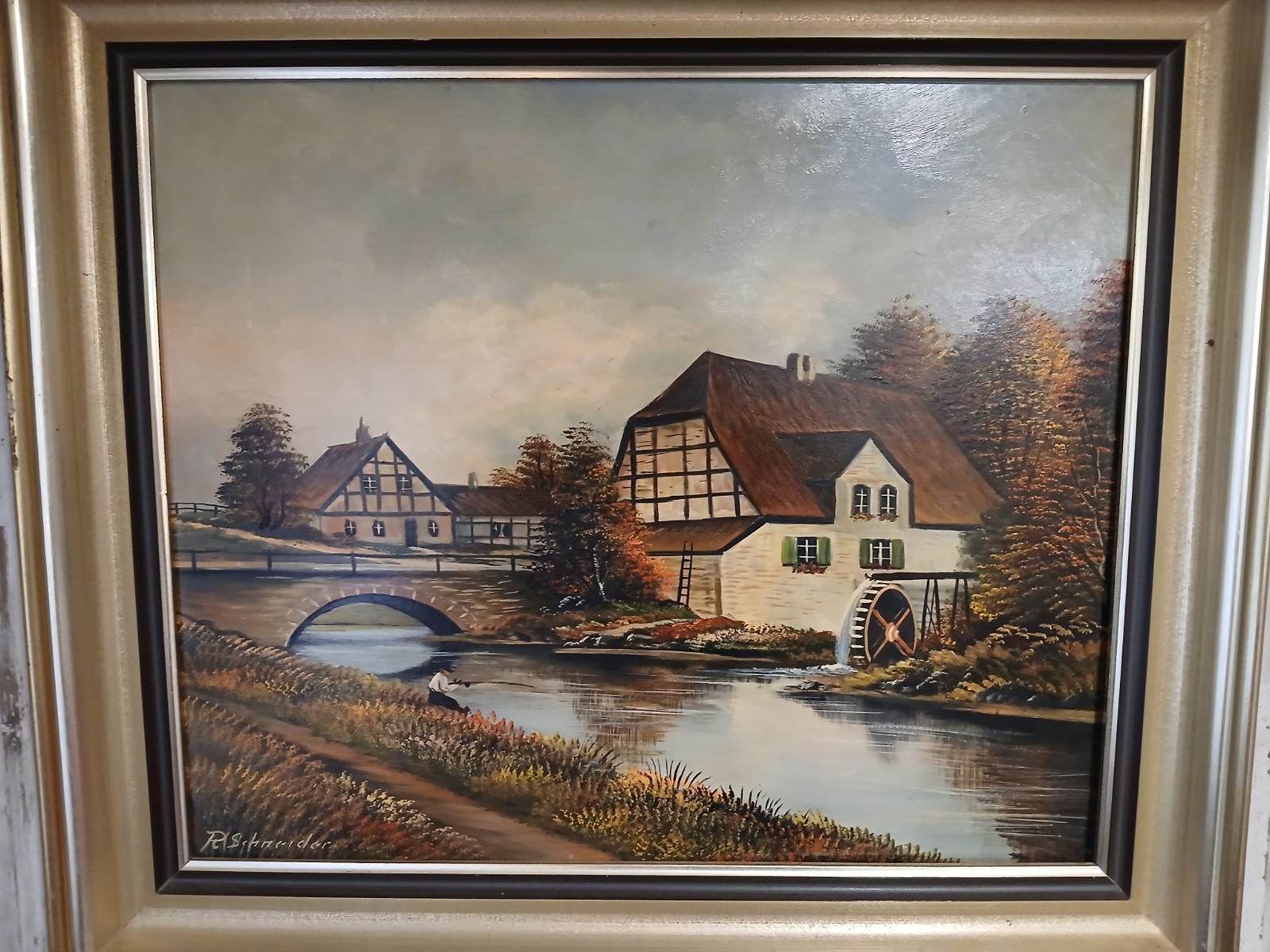 Vintage R. Schneider Signed Original Oil Painting With Wooden Frame 24.5″ X 29″