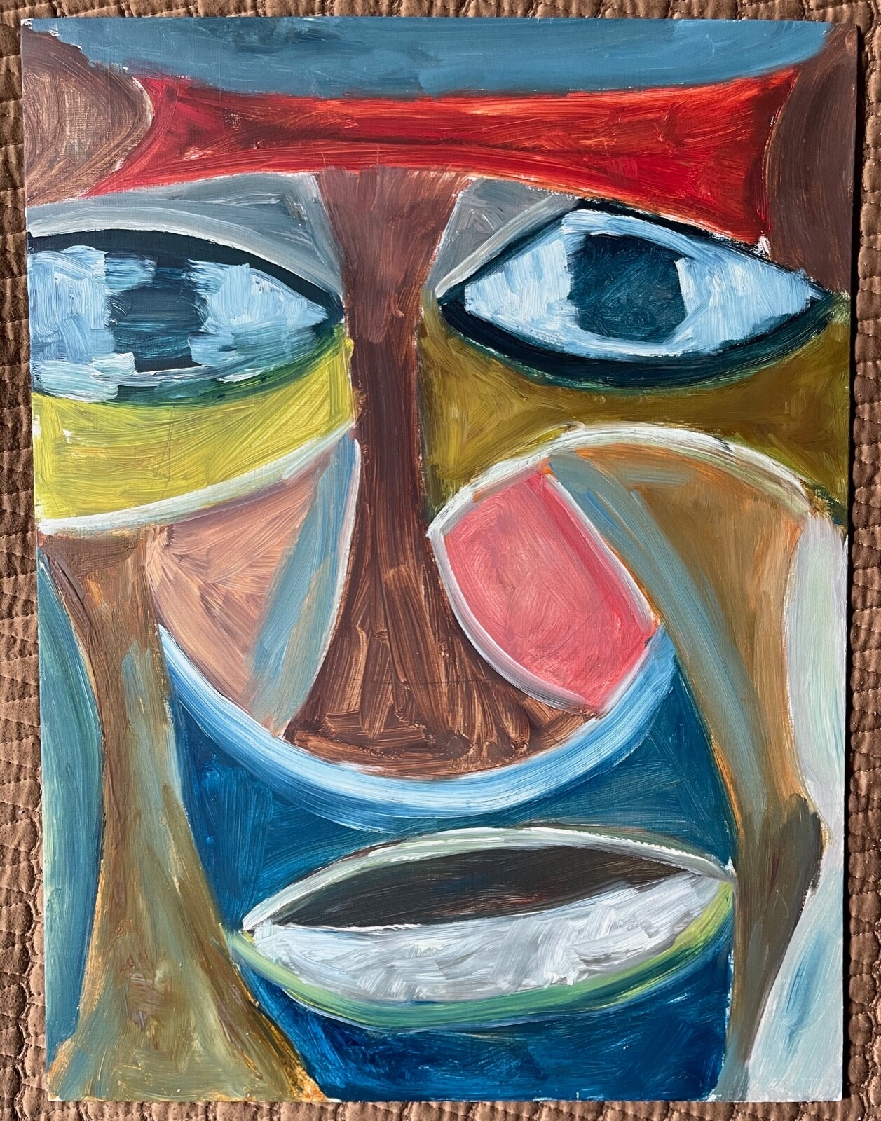 Vintage Multi-Color Abstract Face Oil Painting Mid Century Modern Wall Art 70s