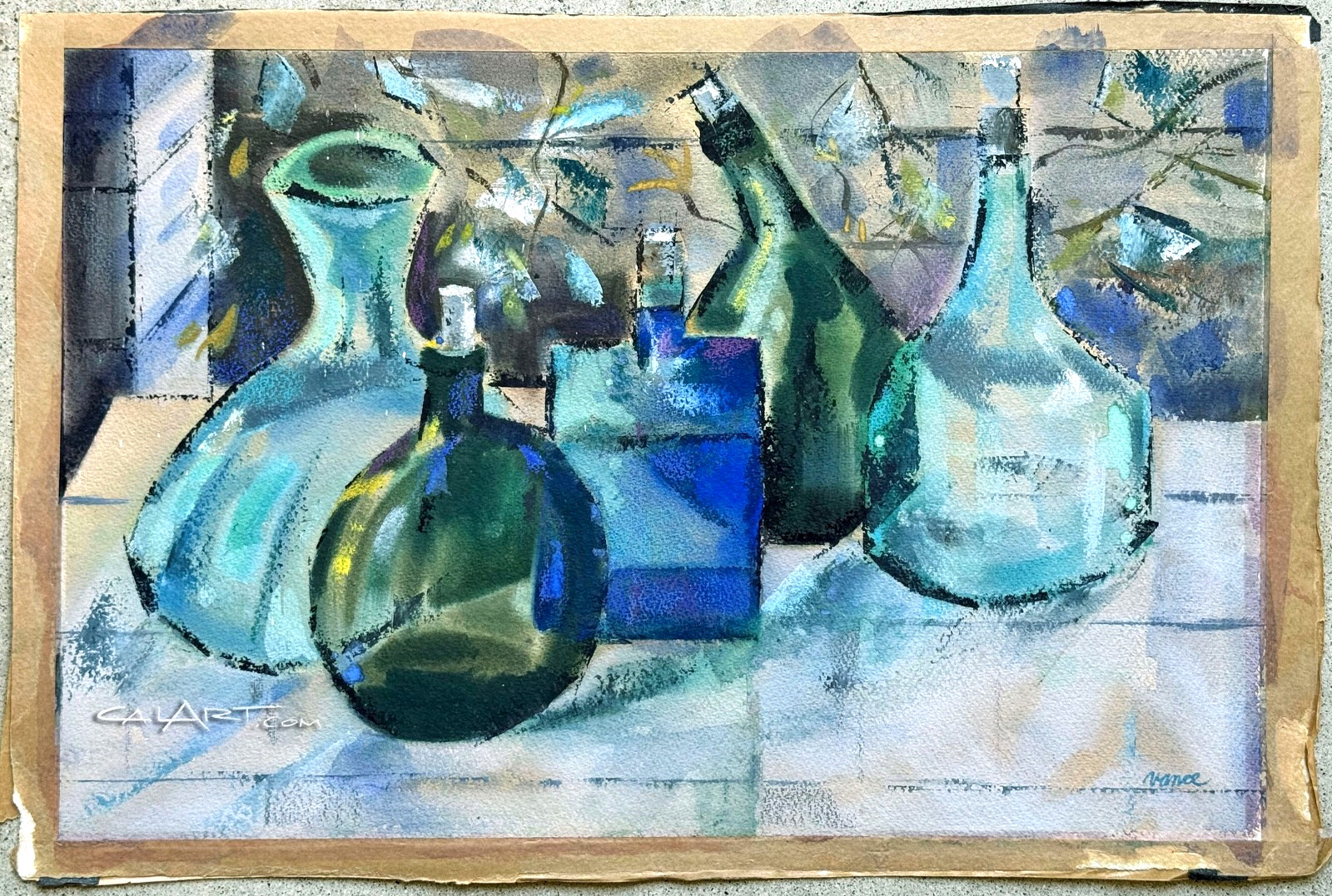 1950s Still Life Bottles ABSTRACT MODERNIST Watercolor Painting by JAMES VANCE