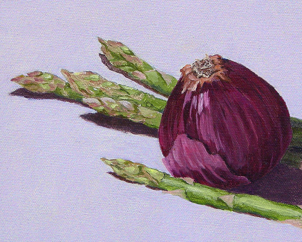 Original Oil Painting Of Asparagus & Red Onion-Food Art-Still Life-Realism-Frame