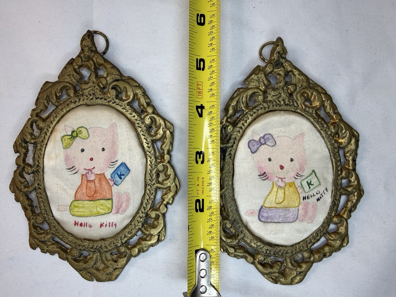 Vintage Hello Kitty Hand-Panted In Silk Fabric On Ornate Brass Frames