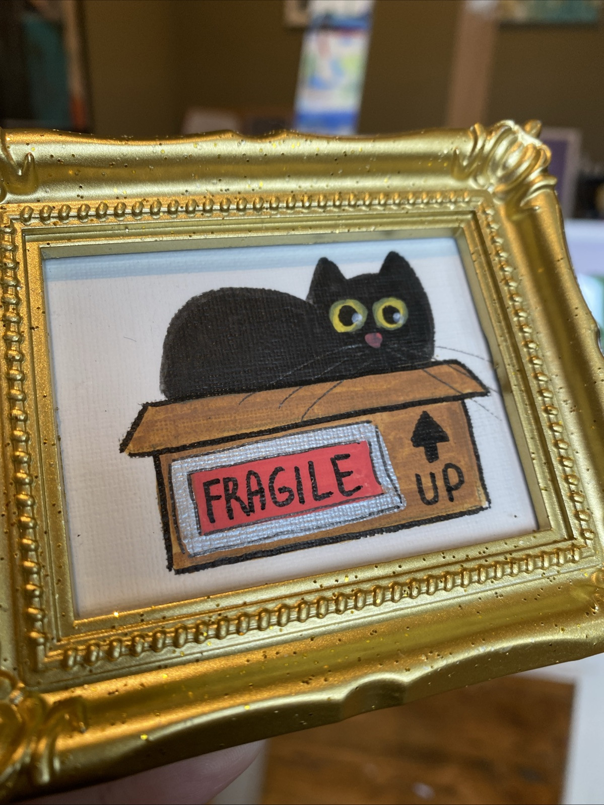 Black Cat In The Box, original ,funny,3/4,miniature,framed