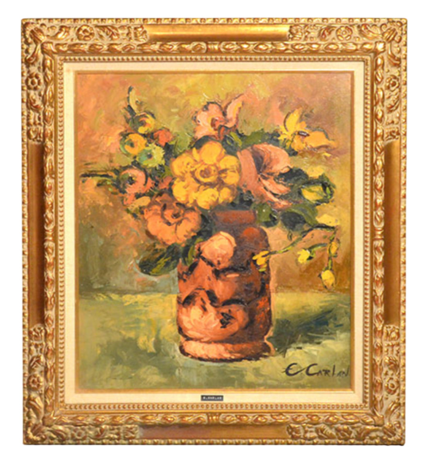 Georges CARLAN » Flower » Oil Painting Autograph H 27.5 x W 24.6 x D 2.5 in