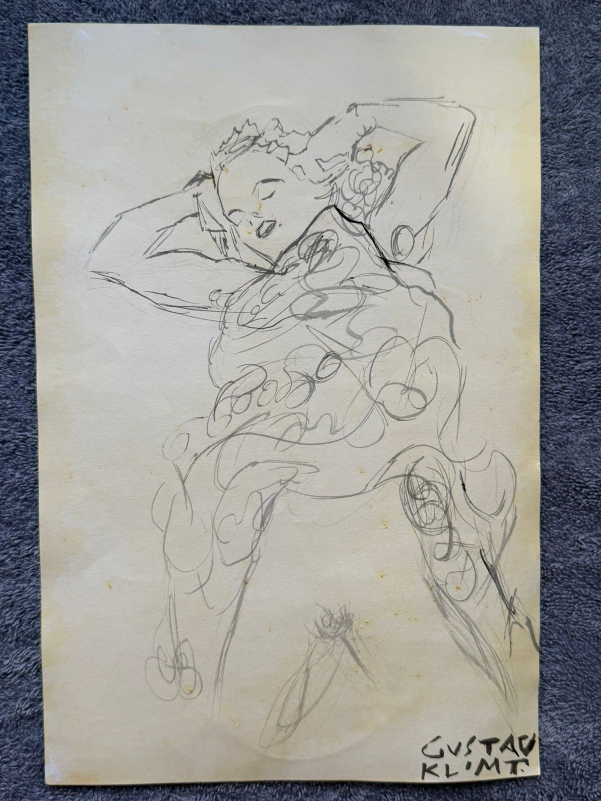 GUSTAV KLIMT drawing and painting on old paper signed stamped vintage