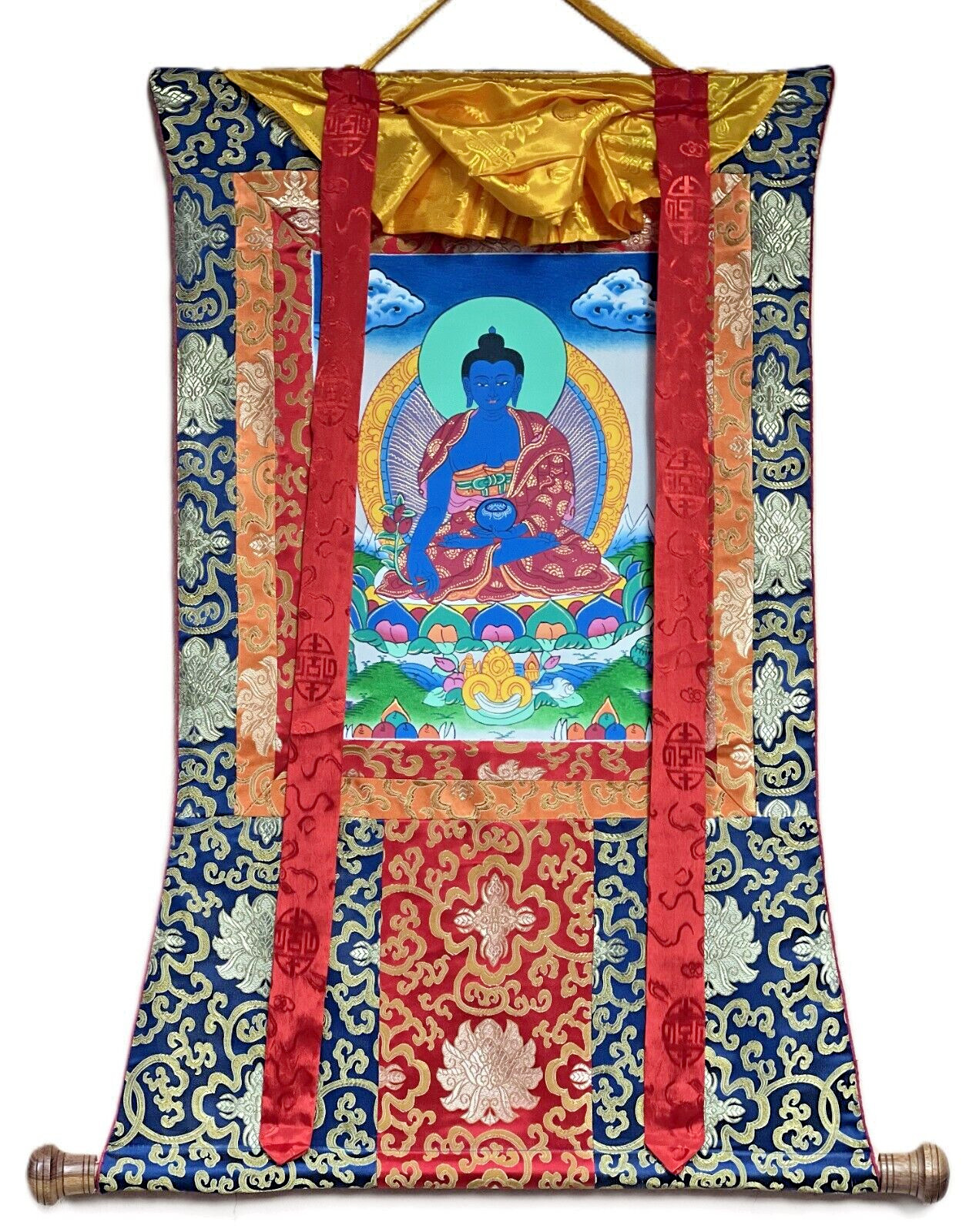 MEDICINE BUDDHA/ BHAISAJYAGURU ORIGINAL TIBETAN THANGKA PAINTING SILK FRAMED