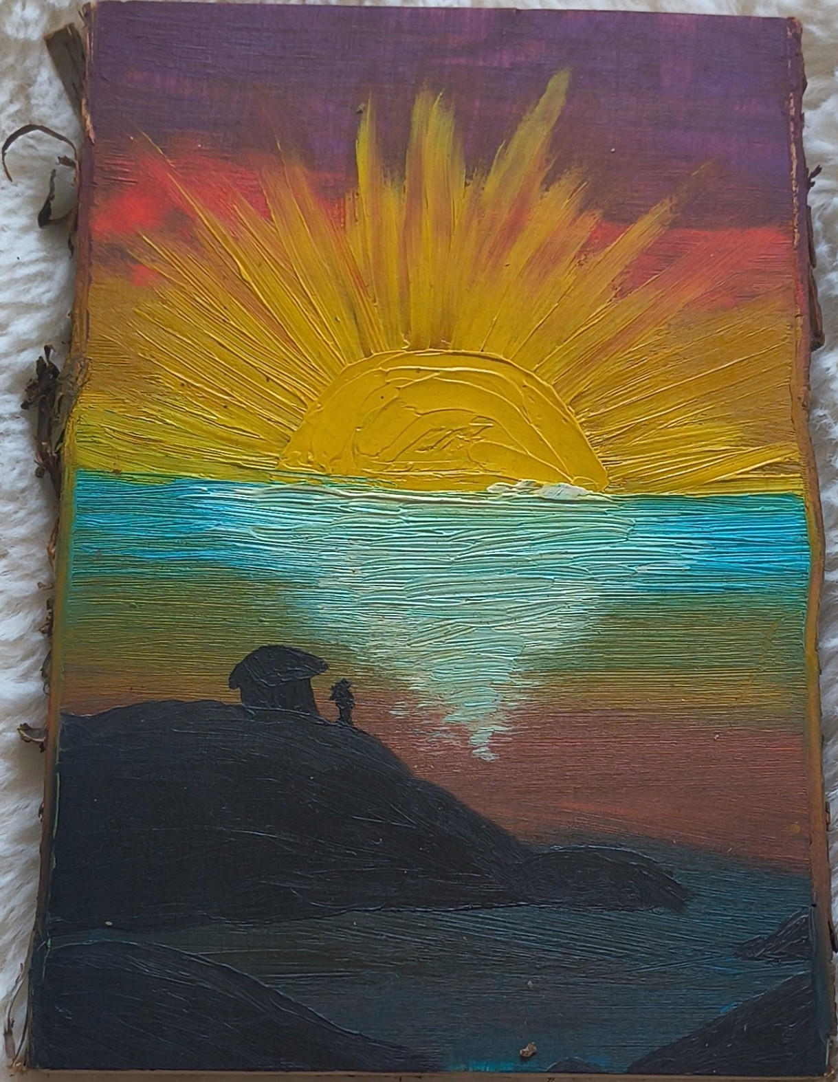 Sunset landscape acrylic and oil painting on small wood slab impressionist style