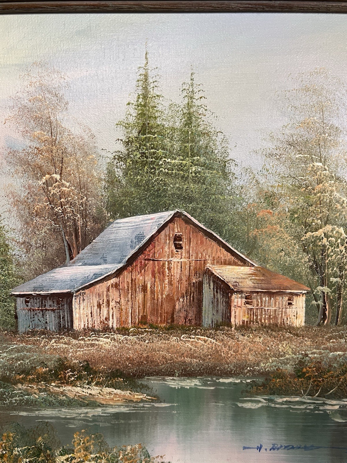 VINTAGE ORGINAL OIL ON CANVIS RUSTIC BARN ON WATER SCENE FRAMED 12 X 16” SIGNED