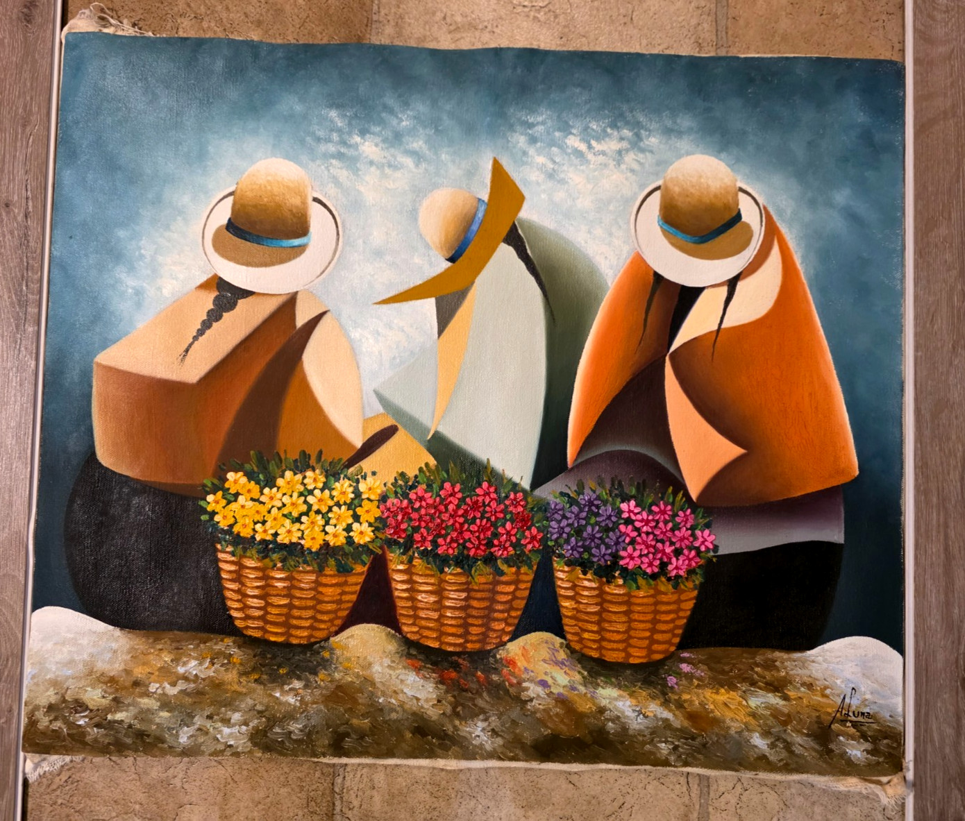 Peruvian Cubism Painting On Canvas Signed A Luna 24″ x 19 1/2″ Flower Shop
