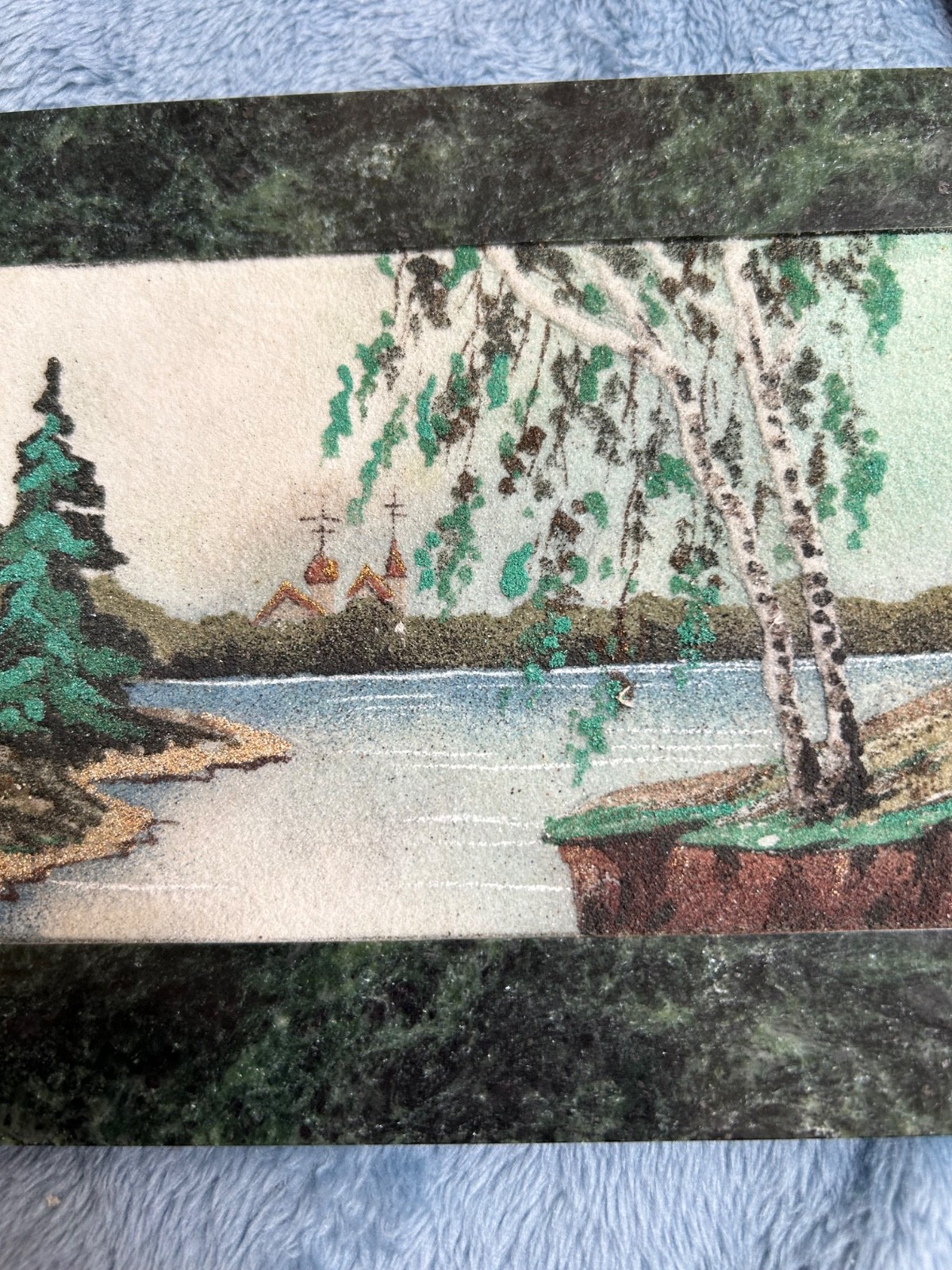 Vintage Russian Landscape Crushed Gemstone Painting Stone Frame 5.5 x 8 1/4”