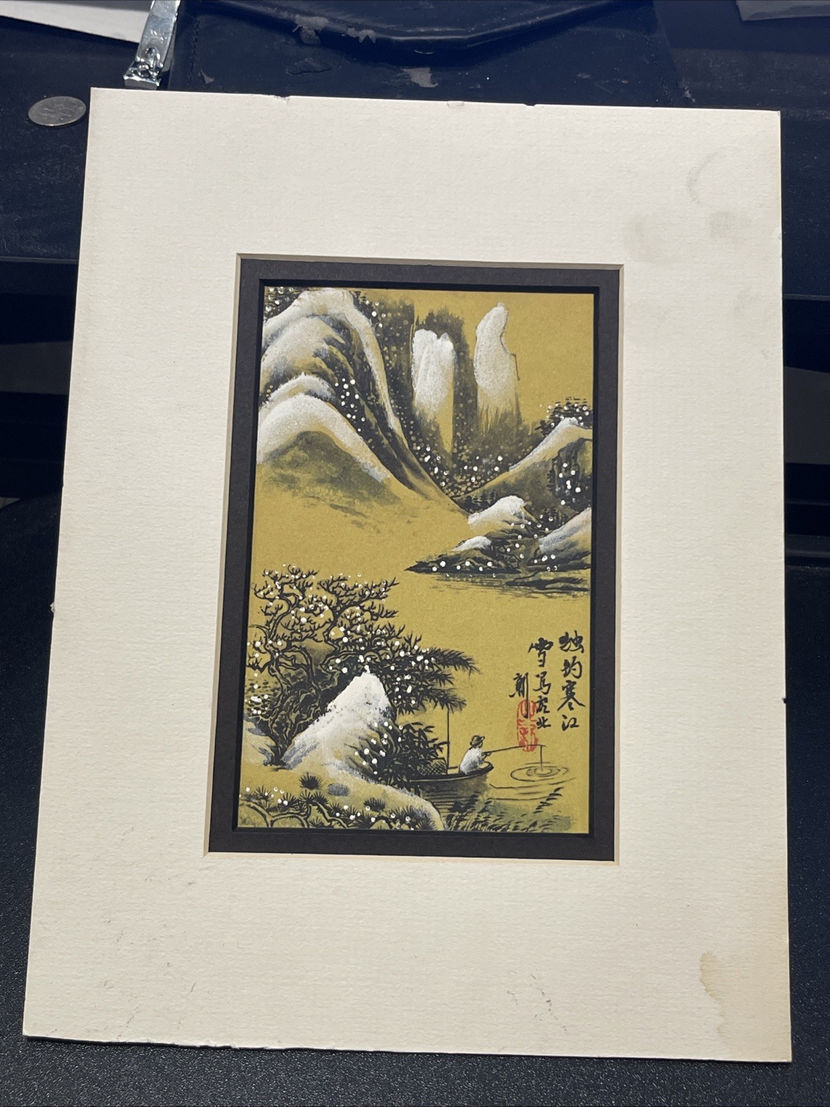 «Fishing Alone on a Cold River, Snow Turns to Ice» Shanshui Art, Signed, Chinese