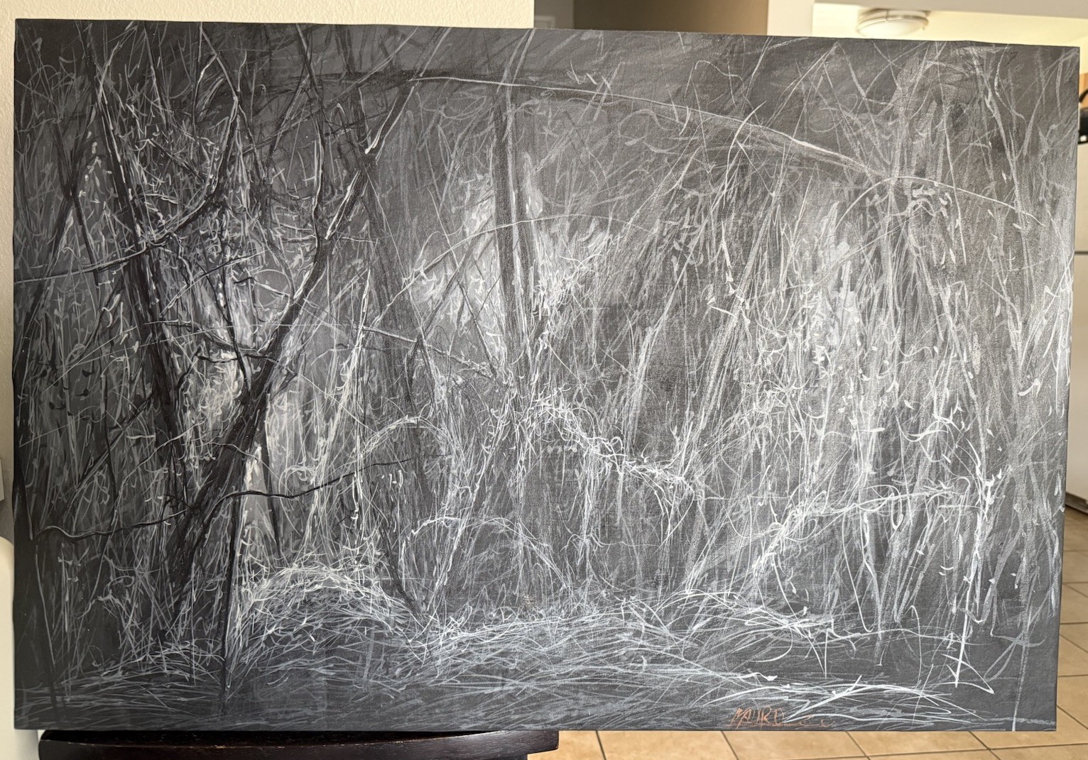 Large Abstract Black & White Tree Landscape Painting, Unframed Single Piece