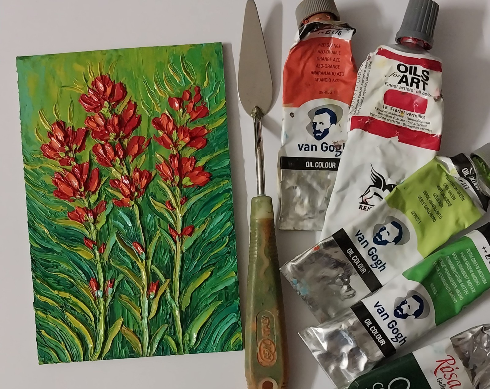 Framed Indian Paintbrush Flower American Wildflowers 4×6″ Oil Painting Original