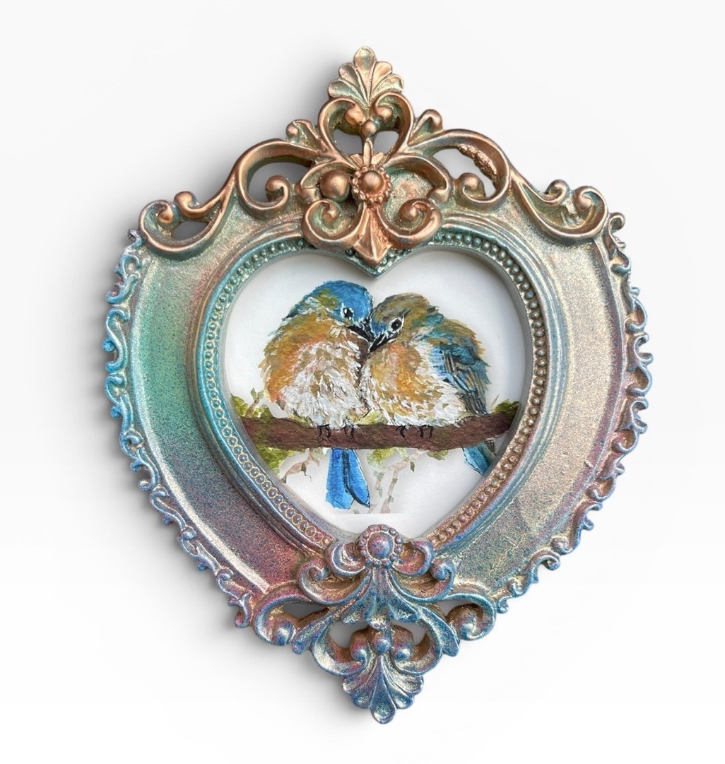 “Bluebird Lovebirds” mini watercolor bird print in vintage heart ornate frame