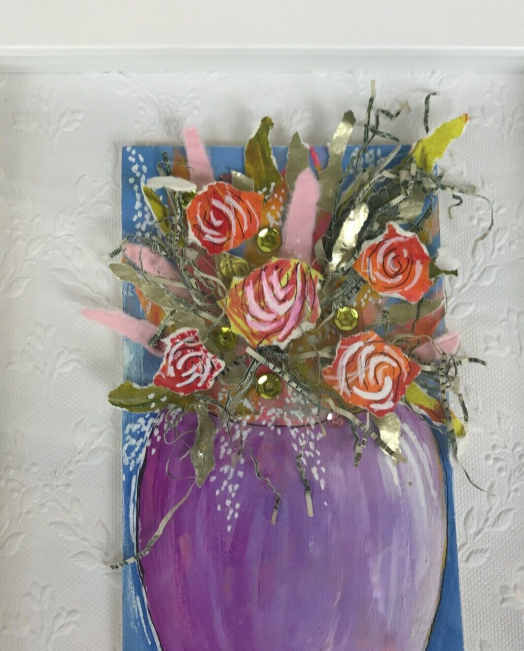 Original Mixed Media Collage Art Floral Flower Bouquet Framed Ready to Enjoy