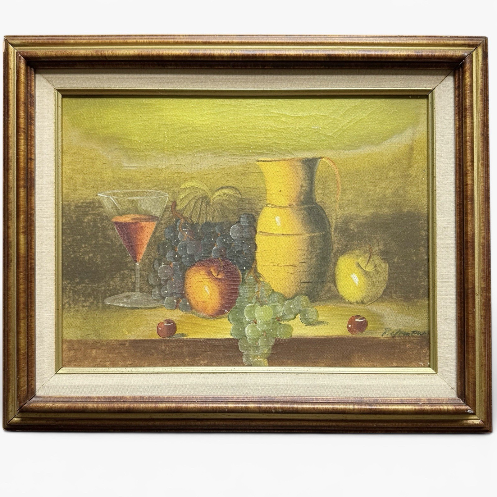 Vintage Original Still Life Fruit on Table Pitcher of Wine Painting Framed 12×16