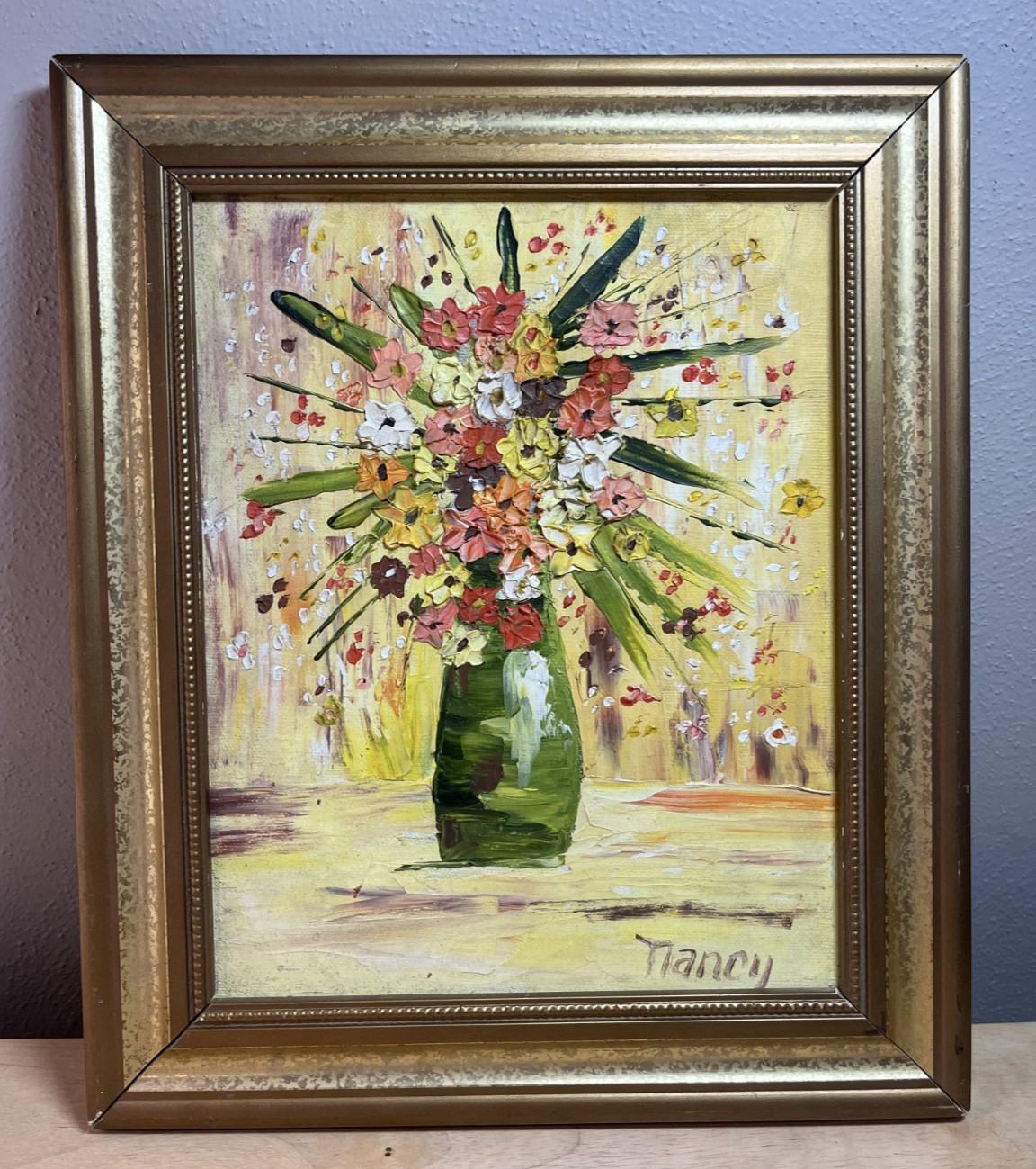 Vintage Textured Painting Floral Still Life Framed Palette Knife Art 13×11