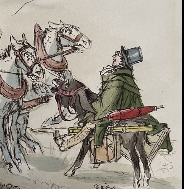 Original Watercolor/Pen Artwork By Carl Ernest Fisher Horse Carriage Donkey 1947