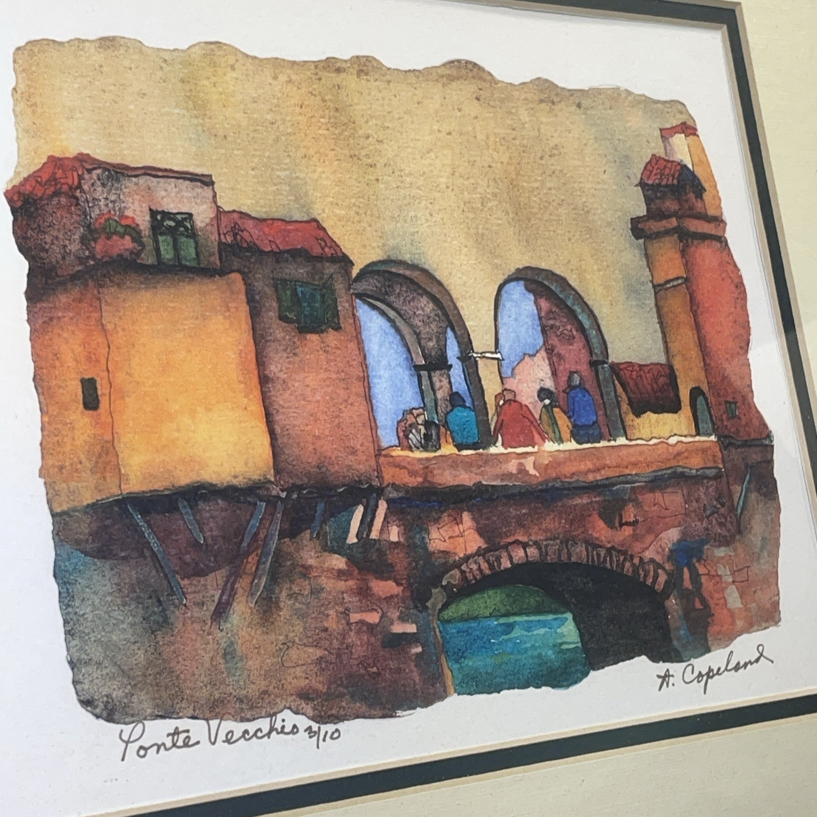 Signed Framed Limited Edition Water Color Painting Pointe Vecchio Bridge, Italy