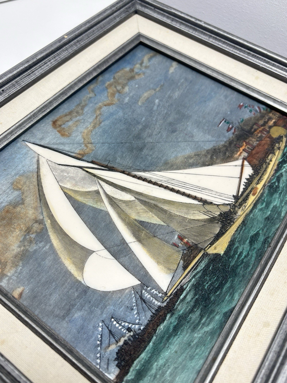 Vintage «KEEP ASTERN» SAIL SHIP SEA Framed Painted ETCHING On Glass 14.5 X 12.5