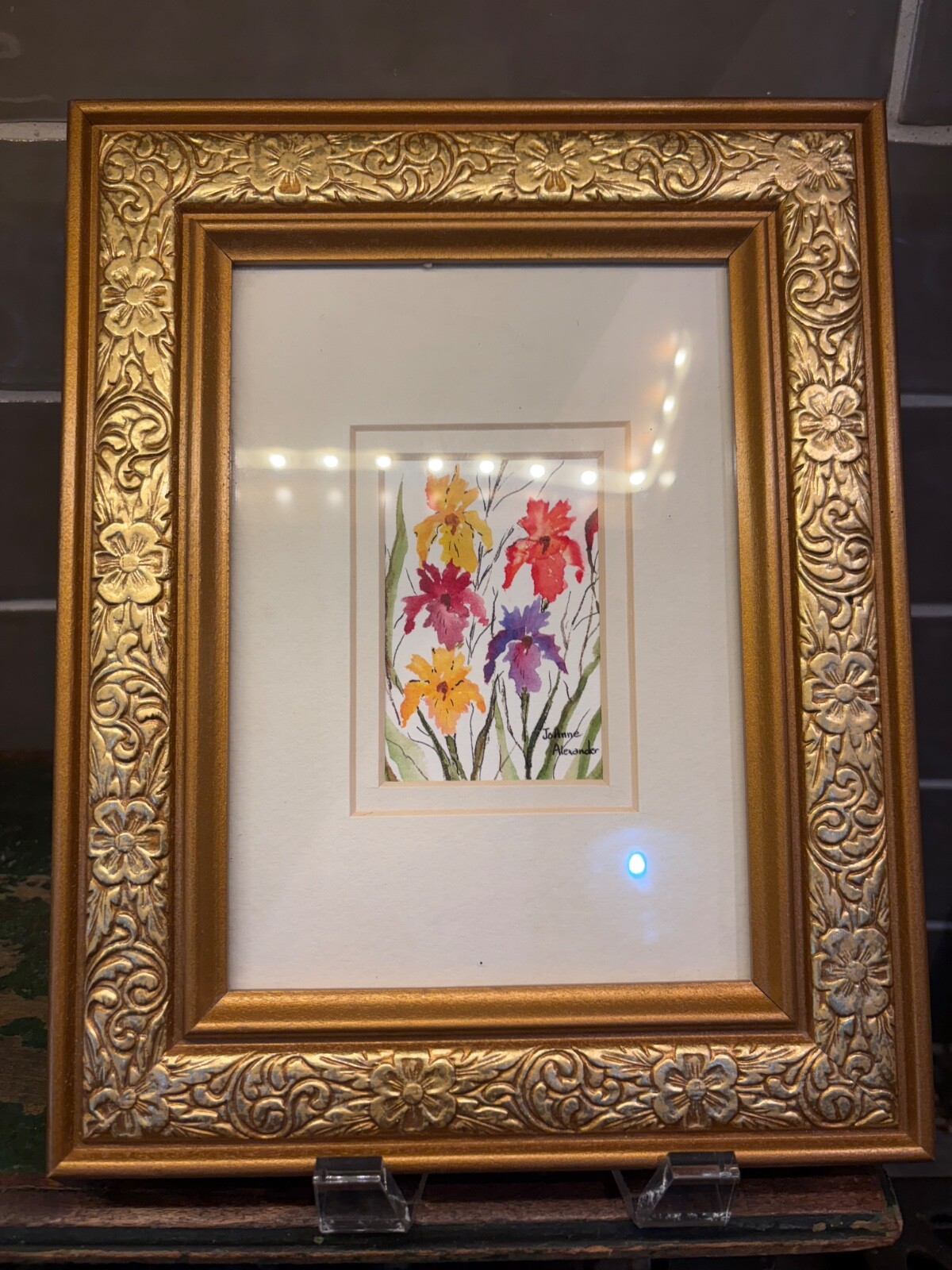 beautifully framed double mated 9 5/8×7 5/8″ watercolor iris’s joanne alexander