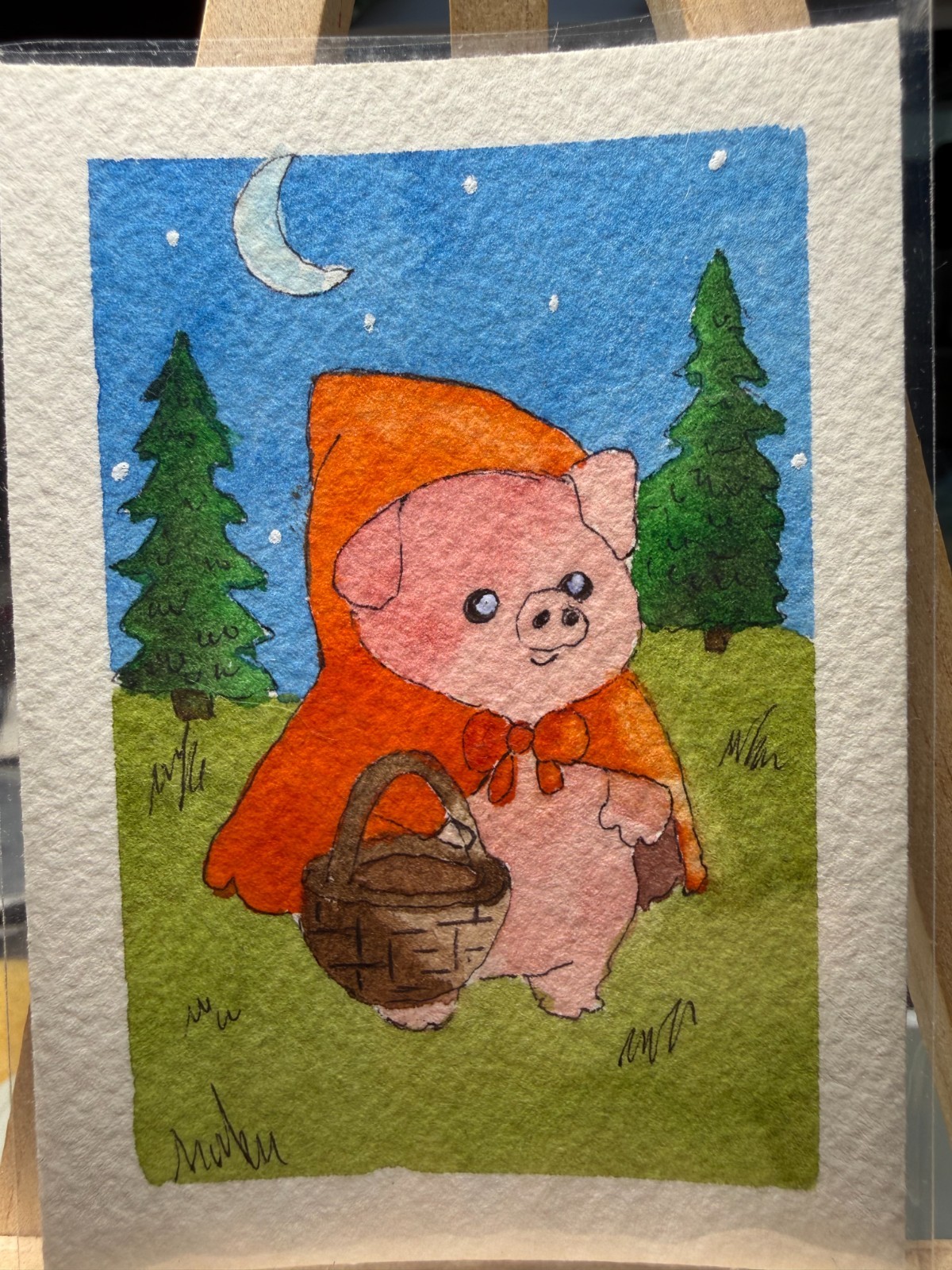 ACEO Original OOAK Signed (Not a Print) «Red Riding Hog» Pig Art Card Fairytale