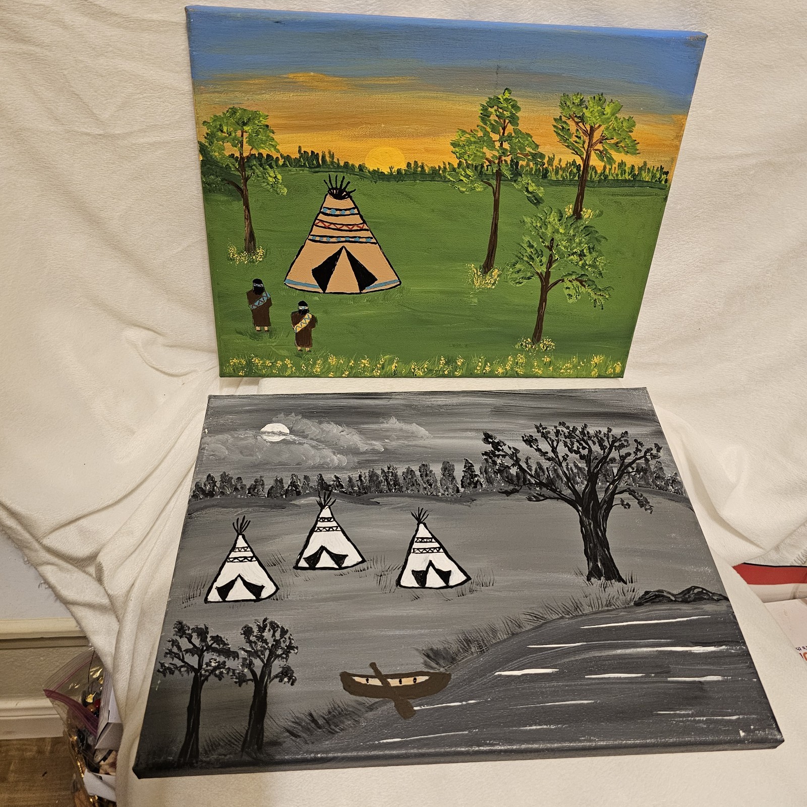 Pair Of Tepee Landscape Canvas Paintings Sunrise Sunset Each Is 14x11x0.5in