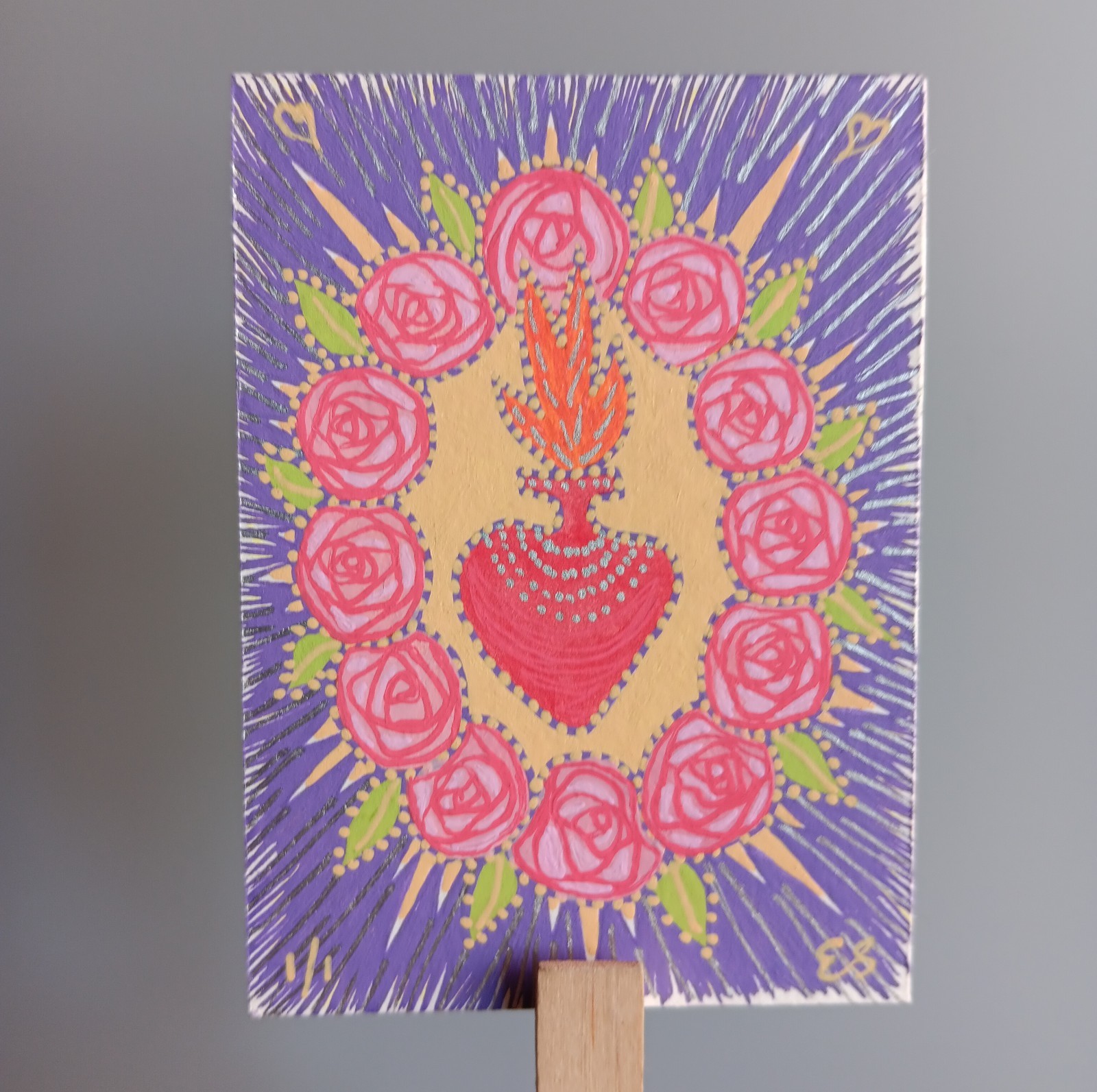 ❤️ACEO Original Painting Signed by Outsider Artist ES 2.5×3.5″ You are loved.